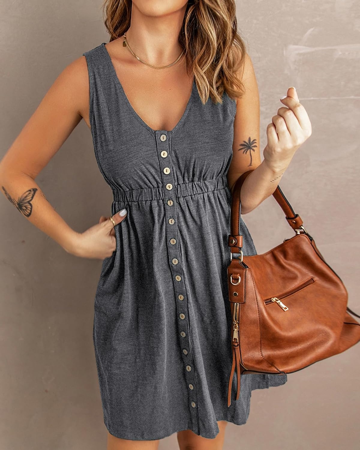 image:imageBTFBM Summer Dresses for Women 2026 Spring Clothes Sleeveless Crewneck Beach Vacation Outfits Mini Flowy Sun DressButtons Grey
