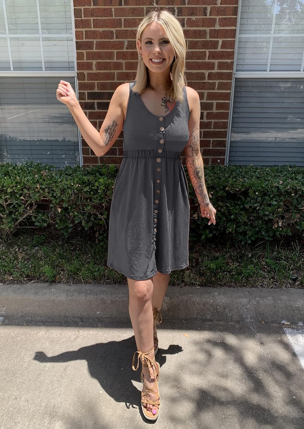image:imageBTFBM Summer Dresses for Women 2026 Spring Clothes Sleeveless Crewneck Beach Vacation Outfits Mini Flowy Sun DressButtons Grey