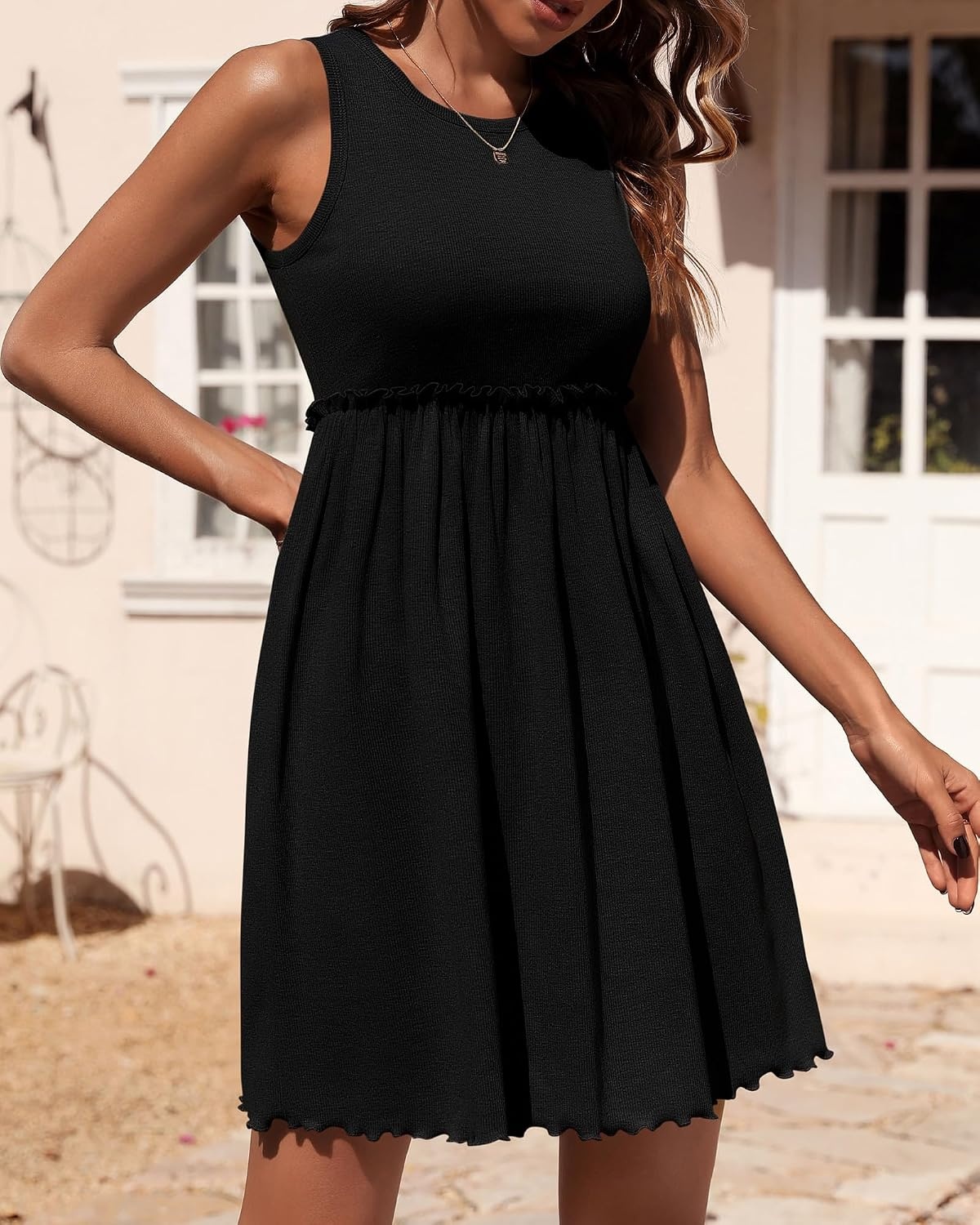 image:imageBTFBM Summer Dresses for Women 2026 Spring Clothes Sleeveless Crewneck Beach Vacation Outfits Mini Flowy Sun DressSolid Black