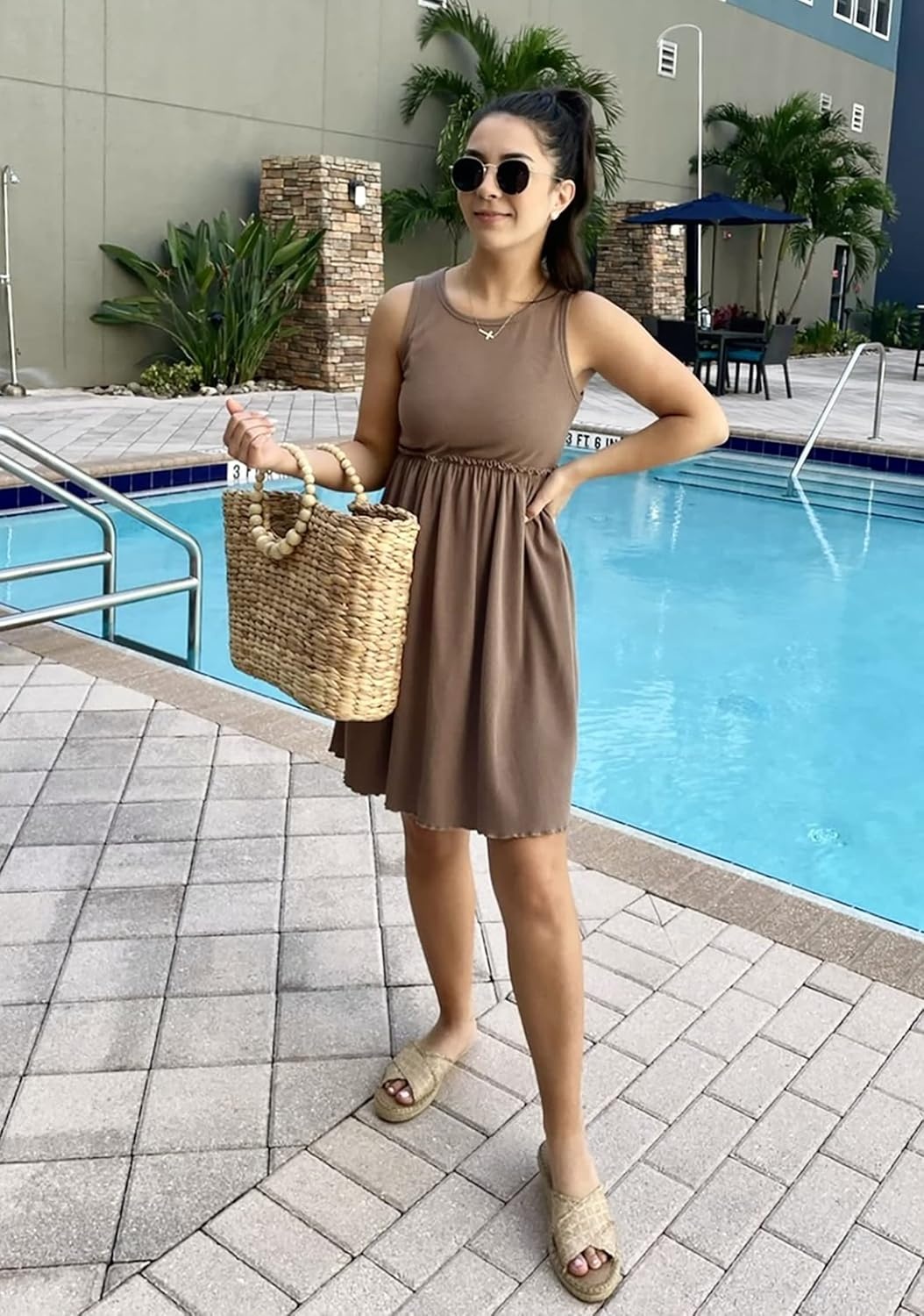 image:imageBTFBM Summer Dresses for Women 2026 Spring Clothes Sleeveless Crewneck Beach Vacation Outfits Mini Flowy Sun DressSolid Coffee