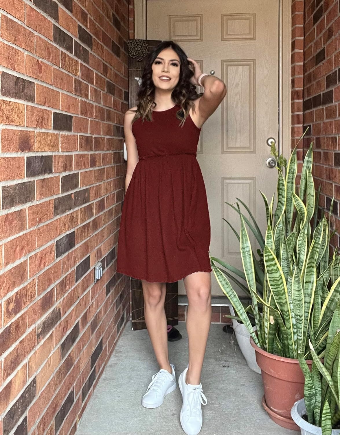 image:imageBTFBM Summer Dresses for Women 2026 Spring Clothes Sleeveless Crewneck Beach Vacation Outfits Mini Flowy Sun DressSolid Dark Brown