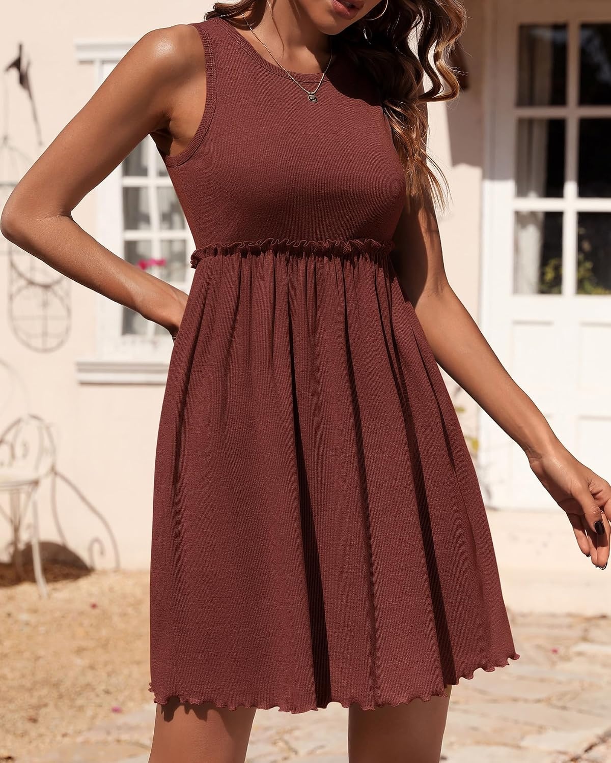 image:imageBTFBM Summer Dresses for Women 2026 Spring Clothes Sleeveless Crewneck Beach Vacation Outfits Mini Flowy Sun DressSolid Dark Brown