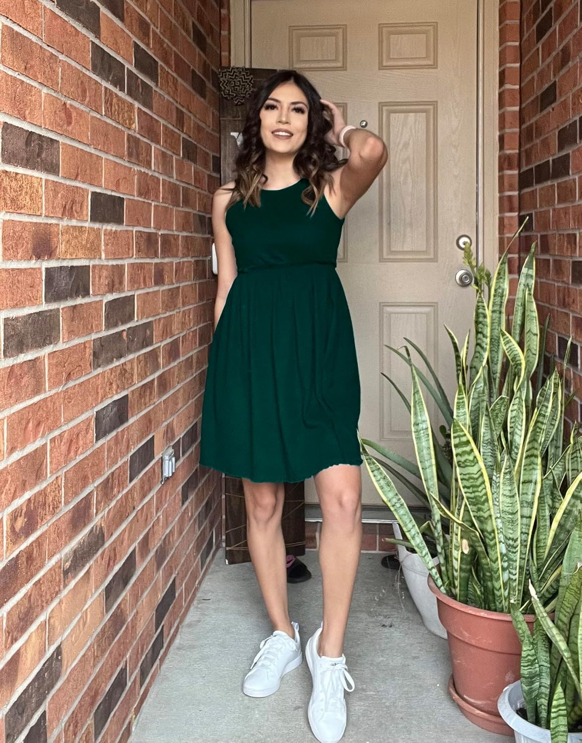 image:imageBTFBM Summer Dresses for Women 2026 Spring Clothes Sleeveless Crewneck Beach Vacation Outfits Mini Flowy Sun DressSolid Dark Green