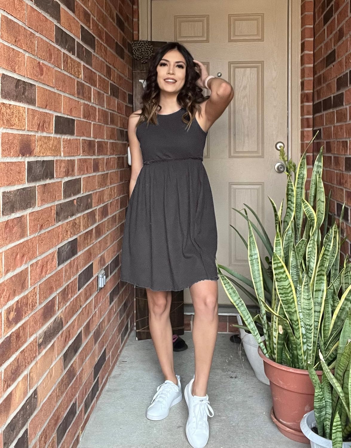 image:imageBTFBM Summer Dresses for Women 2026 Spring Clothes Sleeveless Crewneck Beach Vacation Outfits Mini Flowy Sun DressSolid Dark Grey
