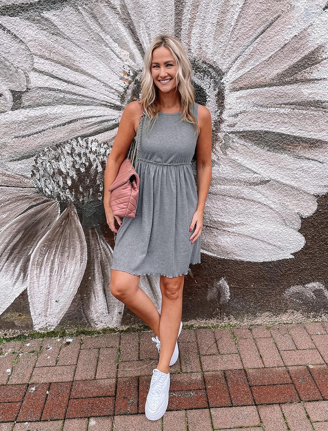 image:imageBTFBM Summer Dresses for Women 2026 Spring Clothes Sleeveless Crewneck Beach Vacation Outfits Mini Flowy Sun DressSolid Light Grey