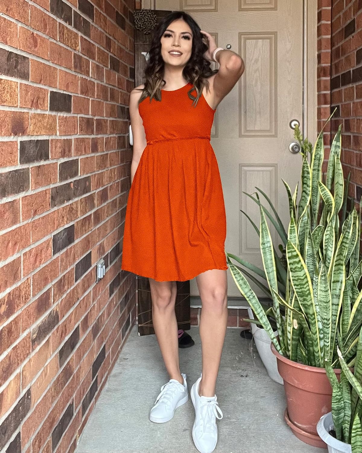 image:imageBTFBM Summer Dresses for Women 2026 Spring Clothes Sleeveless Crewneck Beach Vacation Outfits Mini Flowy Sun DressSolid Orange