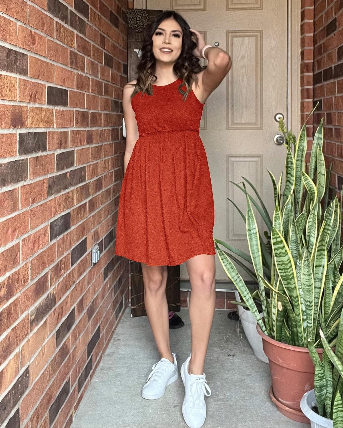 image:imageBTFBM Summer Dresses for Women 2026 Spring Clothes Sleeveless Crewneck Beach Vacation Outfits Mini Flowy Sun DressSolid Orange Red