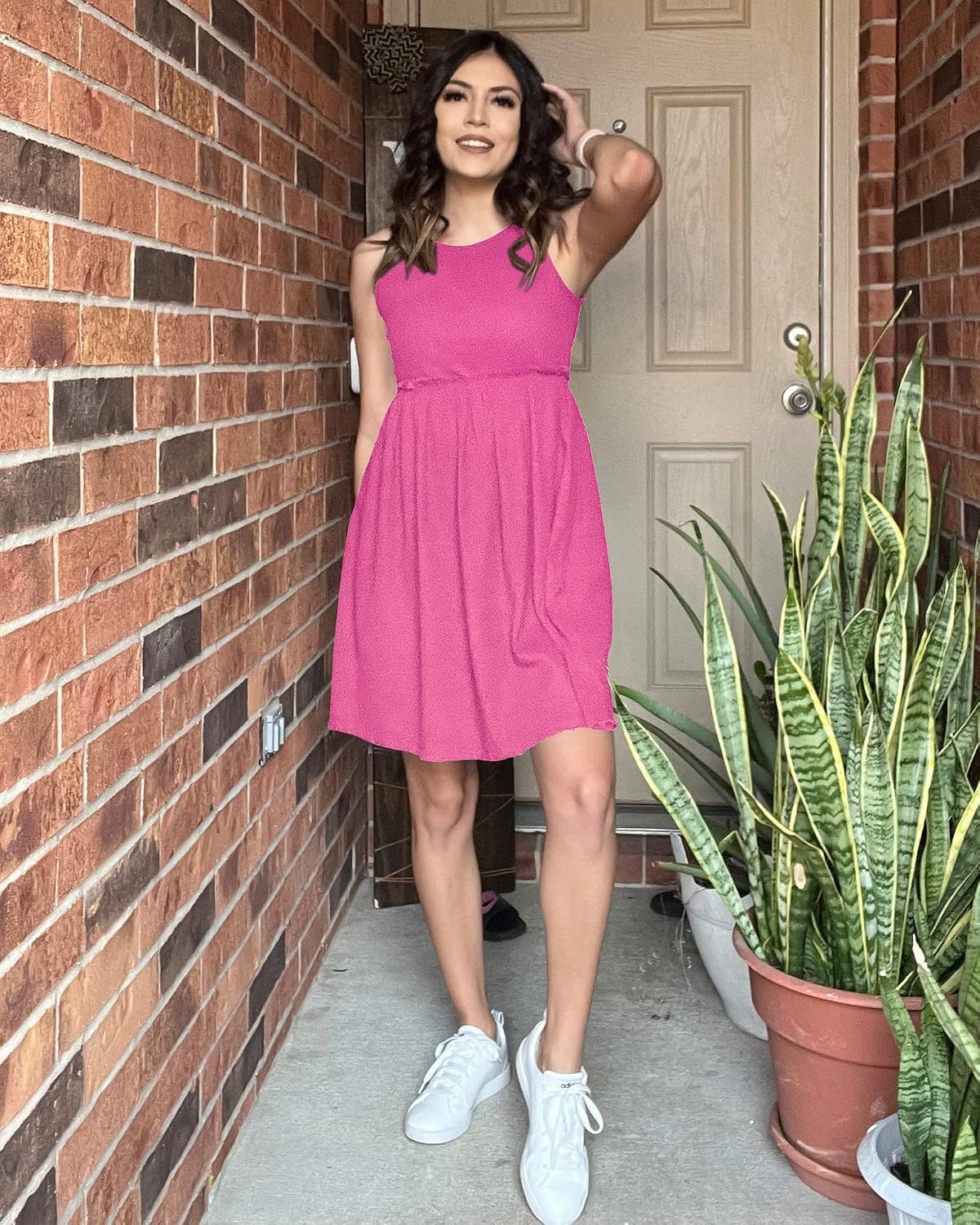 image:imageBTFBM Summer Dresses for Women 2026 Spring Clothes Sleeveless Crewneck Beach Vacation Outfits Mini Flowy Sun DressSolid Rose Pink