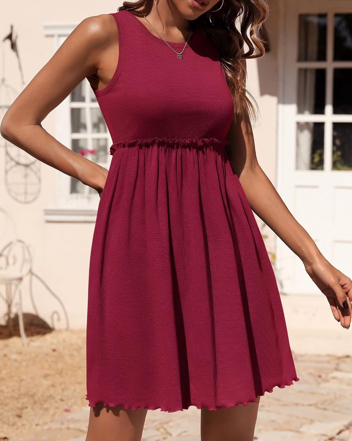 image:imageBTFBM Summer Dresses for Women 2026 Spring Clothes Sleeveless Crewneck Beach Vacation Outfits Mini Flowy Sun DressSolid Wine Red