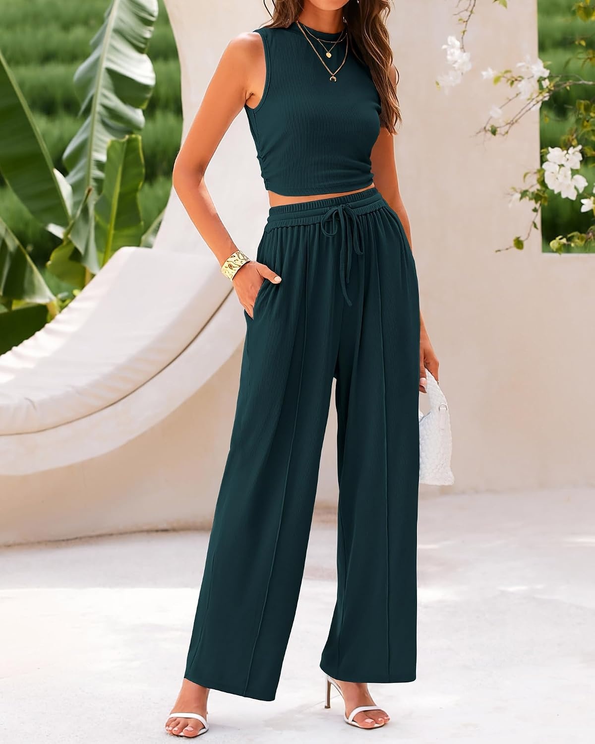 image:imageBTFBM Summer Outfits For Women 2026 Ribbed Sleeveless Tank Tops Wide Leg Pants 2 Piece Sets Lounge Set ClothingDeep Green