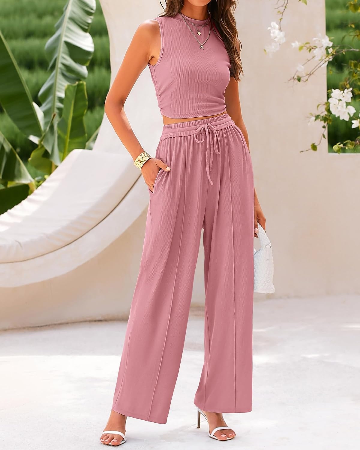 image:imageBTFBM Summer Outfits For Women 2026 Ribbed Sleeveless Tank Tops Wide Leg Pants 2 Piece Sets Lounge Set ClothingPink
