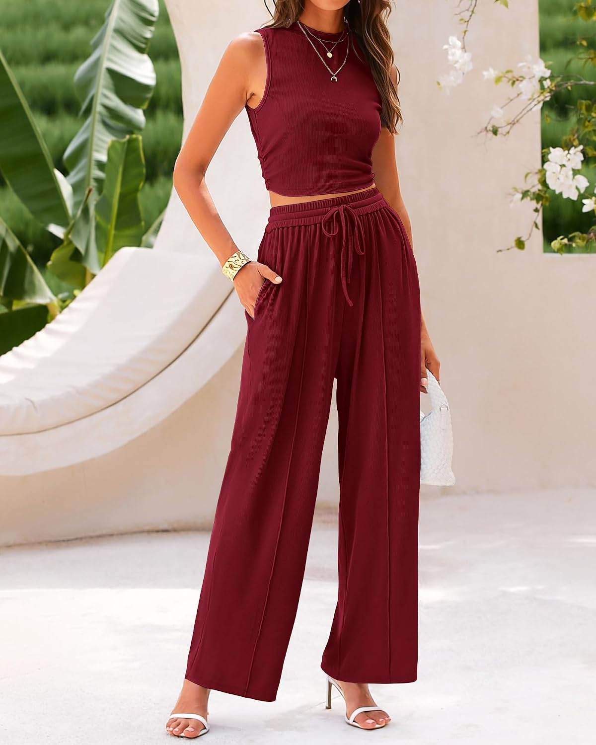 image:imageBTFBM Summer Outfits For Women 2026 Ribbed Sleeveless Tank Tops Wide Leg Pants 2 Piece Sets Lounge Set ClothingWine Red