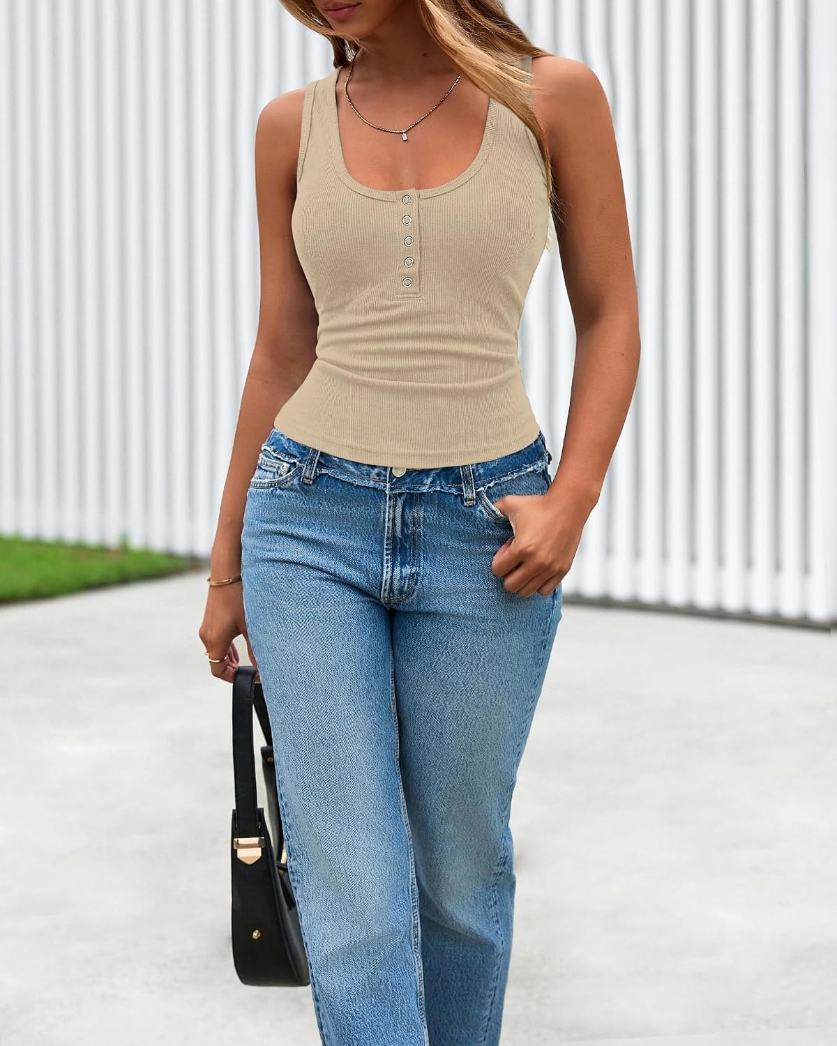 image:imageBTFBM Summer Tops for Women 2026 Scoop Neck Ribbed Henley Button Sleeveless Casual Spring Basic Tank Top Clothes OutfitsApricot