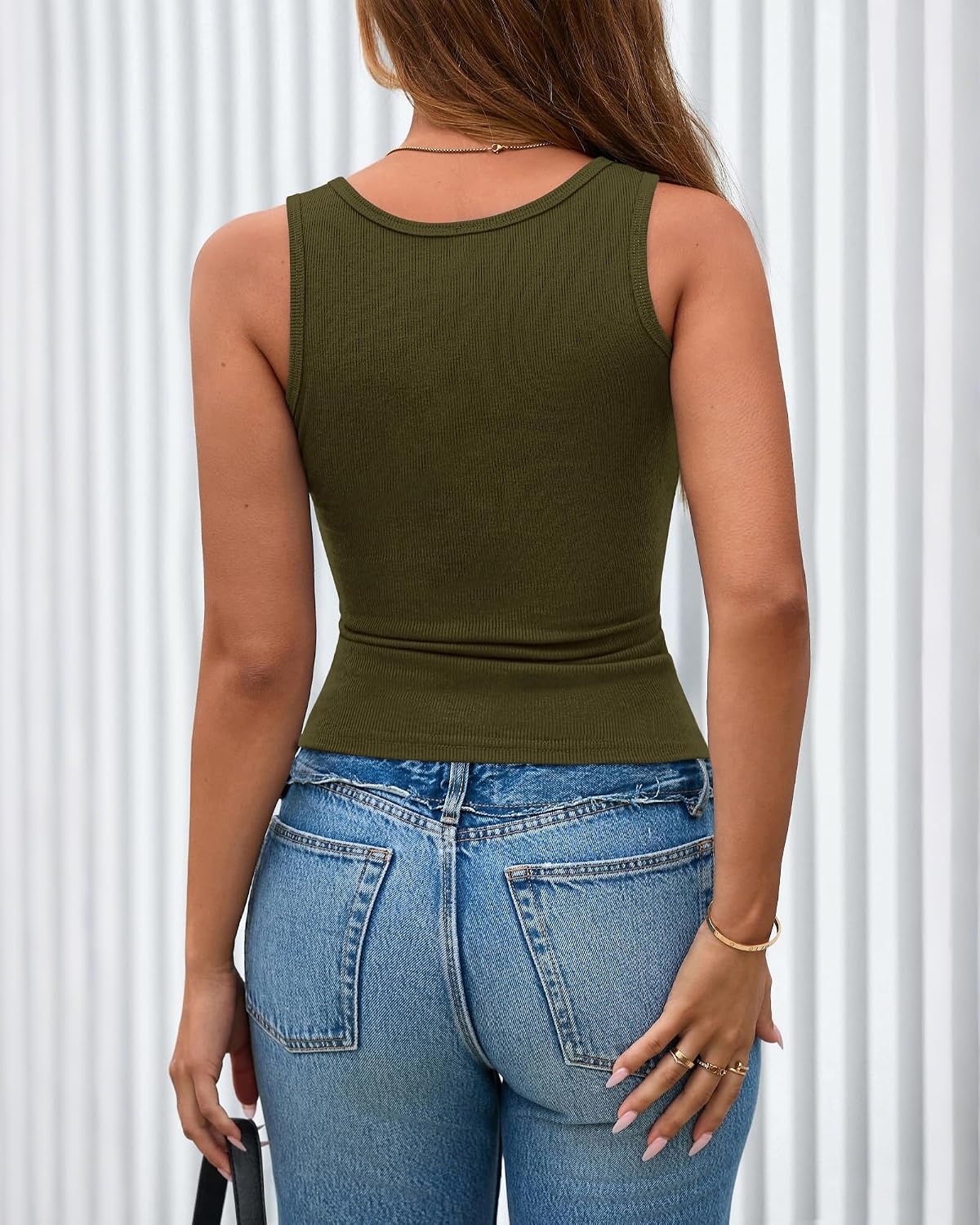 image:imageBTFBM Summer Tops for Women 2026 Scoop Neck Ribbed Henley Button Sleeveless Casual Spring Basic Tank Top Clothes OutfitsArmy Green