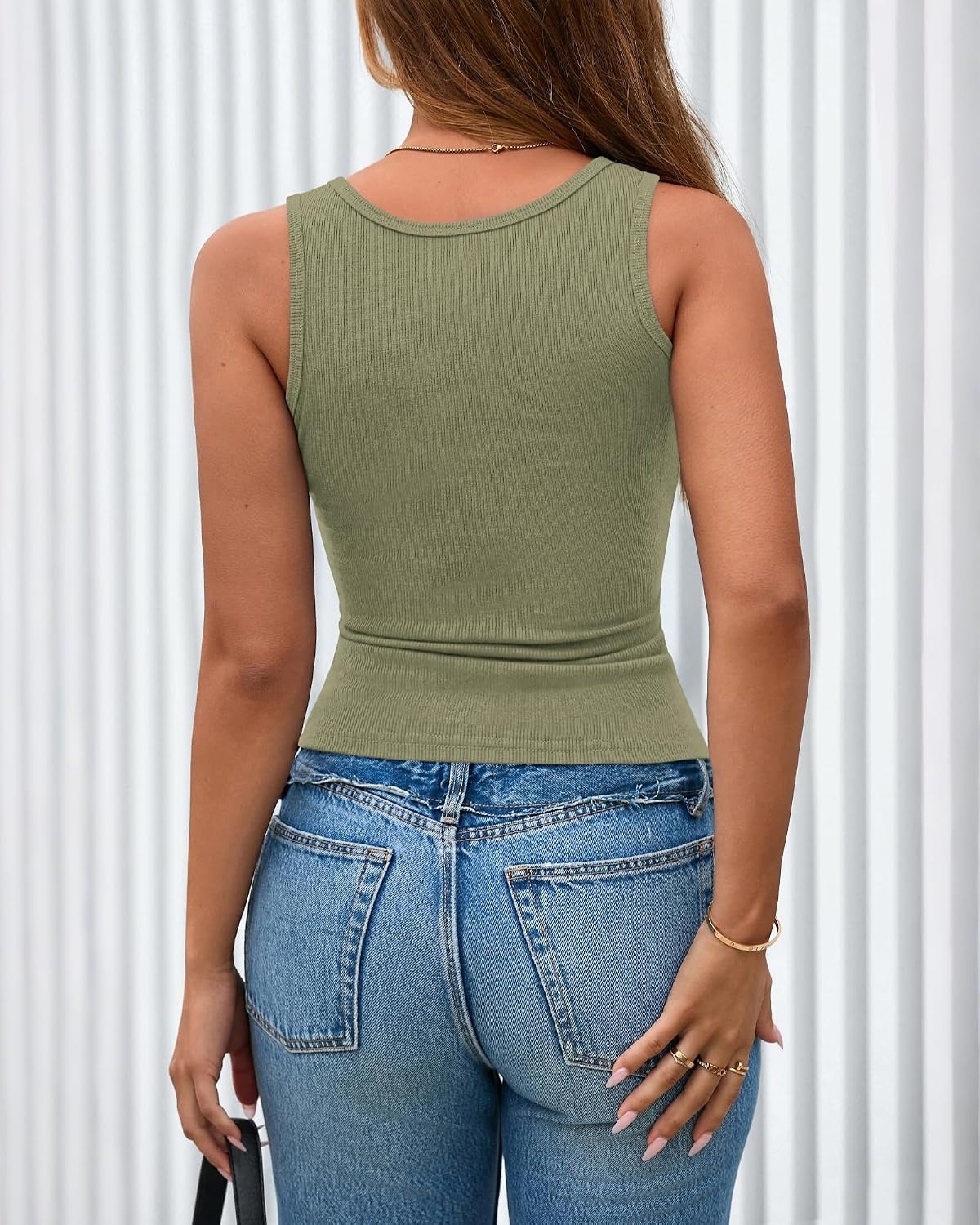 image:imageBTFBM Summer Tops for Women 2026 Scoop Neck Ribbed Henley Button Sleeveless Casual Spring Basic Tank Top Clothes OutfitsBean Green