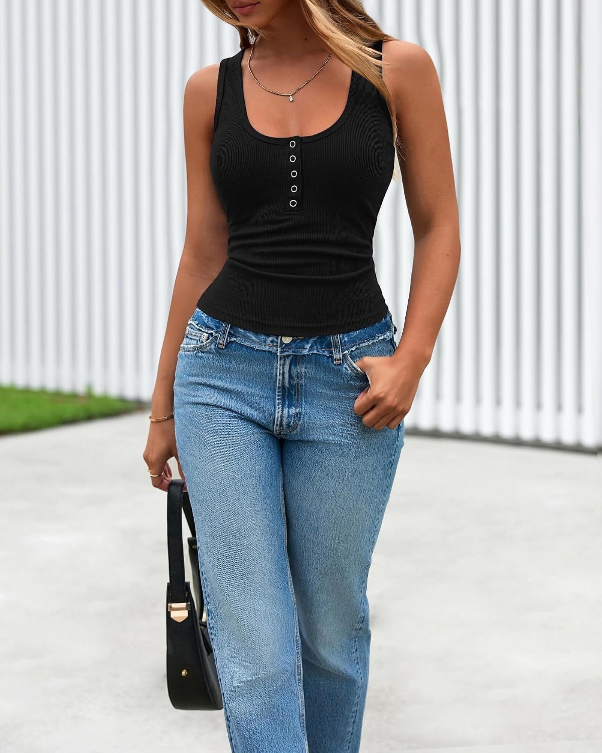 image:imageBTFBM Summer Tops for Women 2026 Scoop Neck Ribbed Henley Button Sleeveless Casual Spring Basic Tank Top Clothes OutfitsBlack