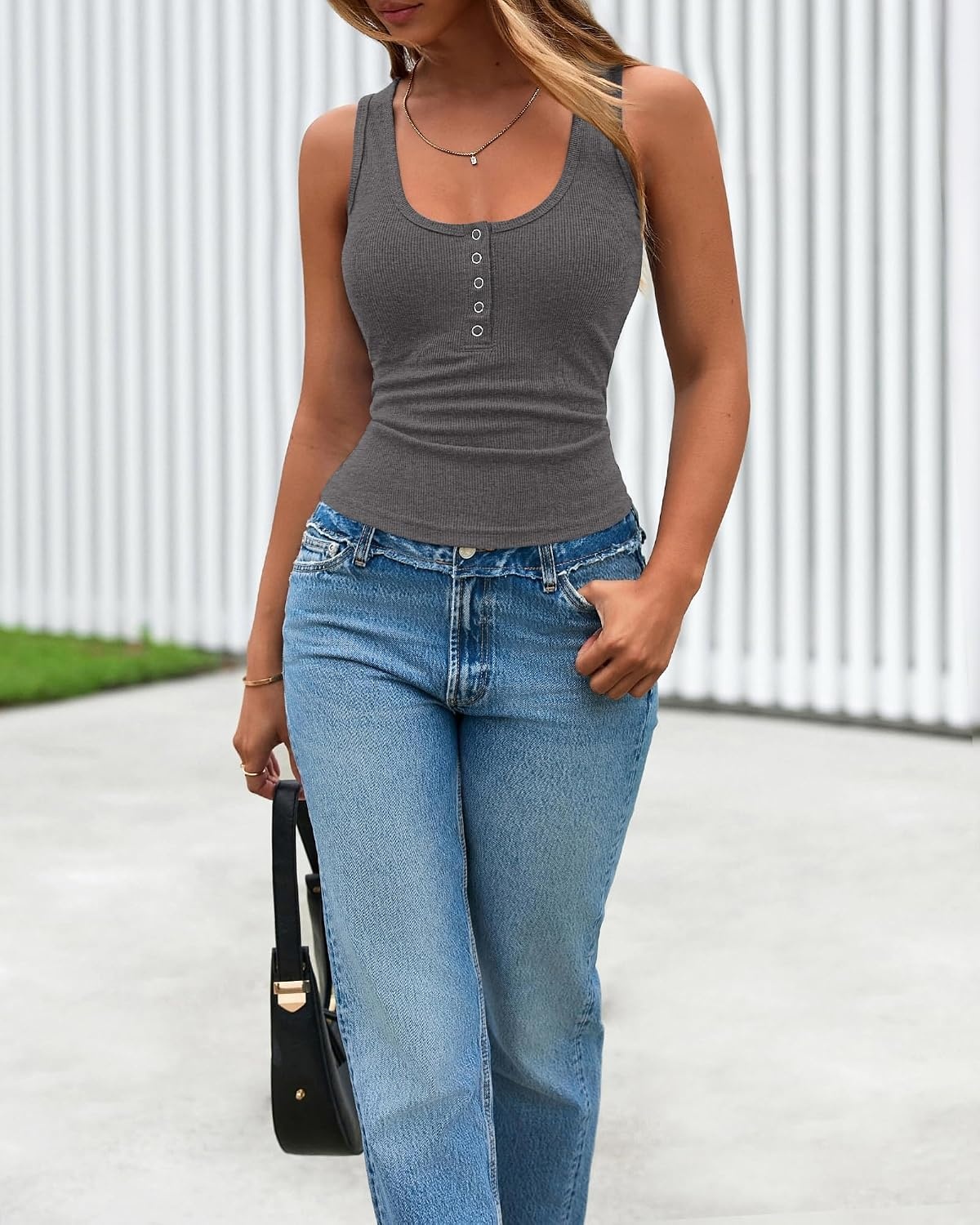image:imageBTFBM Summer Tops for Women 2026 Scoop Neck Ribbed Henley Button Sleeveless Casual Spring Basic Tank Top Clothes OutfitsDark Grey