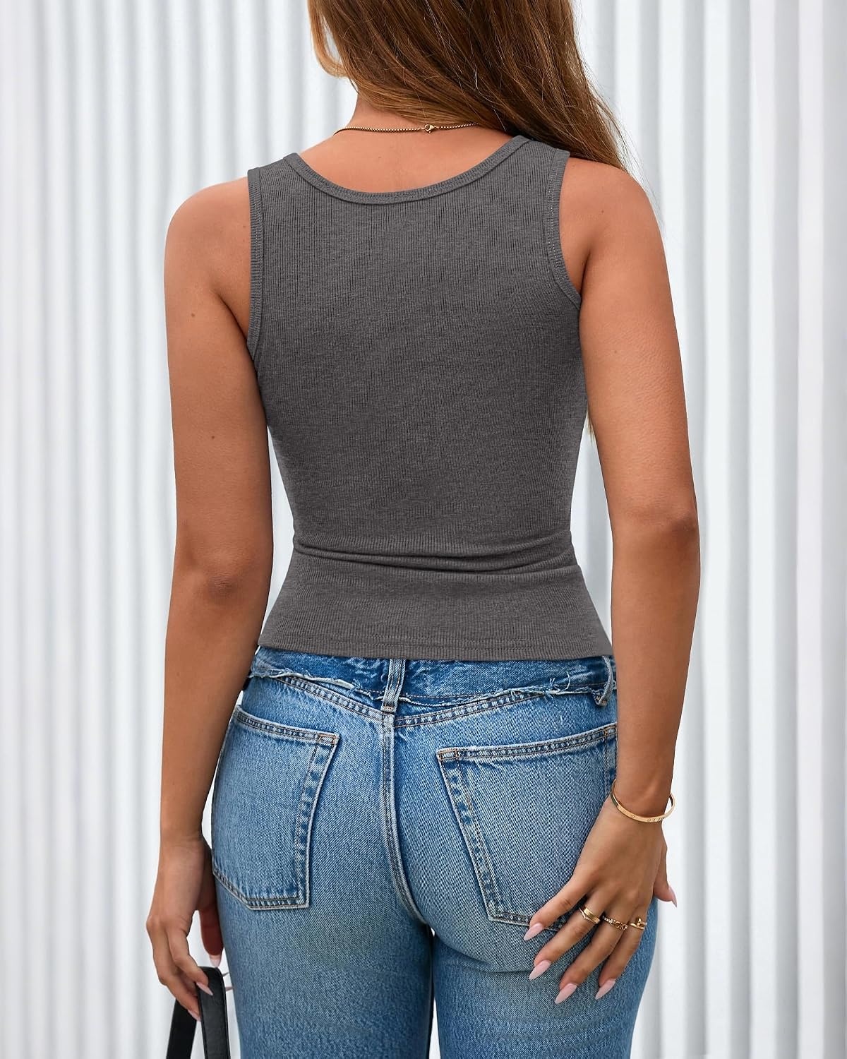 image:imageBTFBM Summer Tops for Women 2026 Scoop Neck Ribbed Henley Button Sleeveless Casual Spring Basic Tank Top Clothes OutfitsDark Grey
