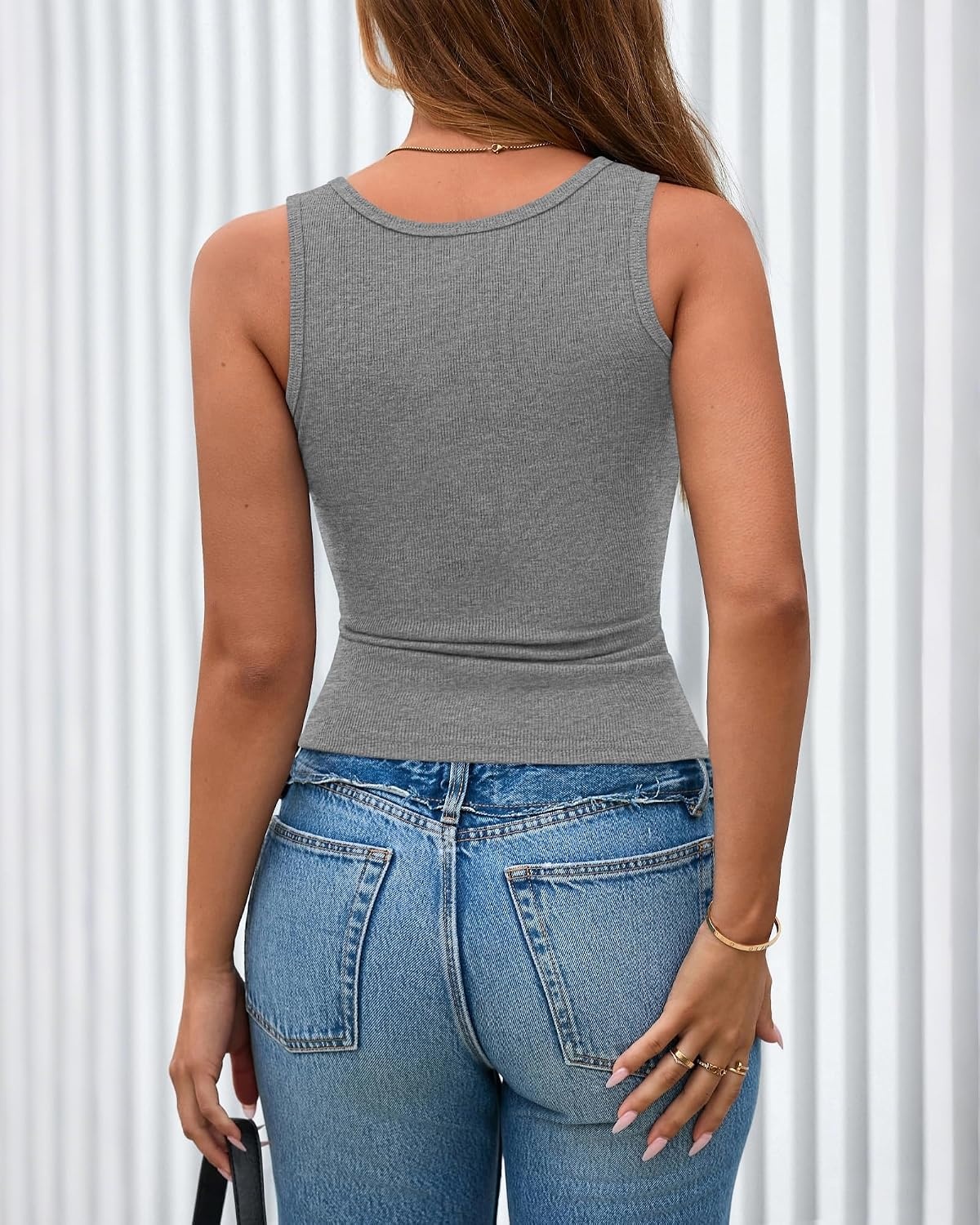 image:imageBTFBM Summer Tops for Women 2026 Scoop Neck Ribbed Henley Button Sleeveless Casual Spring Basic Tank Top Clothes OutfitsGrey