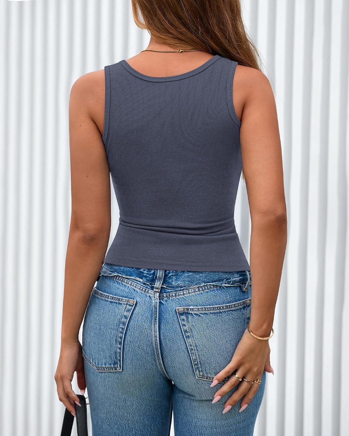 image:imageBTFBM Summer Tops for Women 2026 Scoop Neck Ribbed Henley Button Sleeveless Casual Spring Basic Tank Top Clothes OutfitsGrey Blue