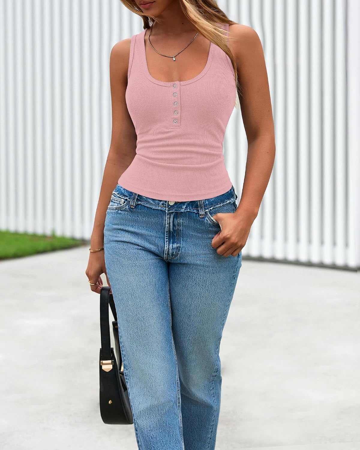 image:imageBTFBM Summer Tops for Women 2026 Scoop Neck Ribbed Henley Button Sleeveless Casual Spring Basic Tank Top Clothes OutfitsGrey Pink