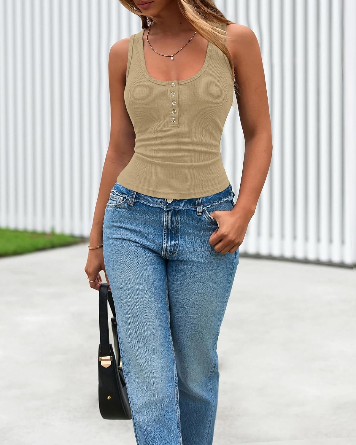 image:imageBTFBM Summer Tops for Women 2026 Scoop Neck Ribbed Henley Button Sleeveless Casual Spring Basic Tank Top Clothes OutfitsLight Khaki