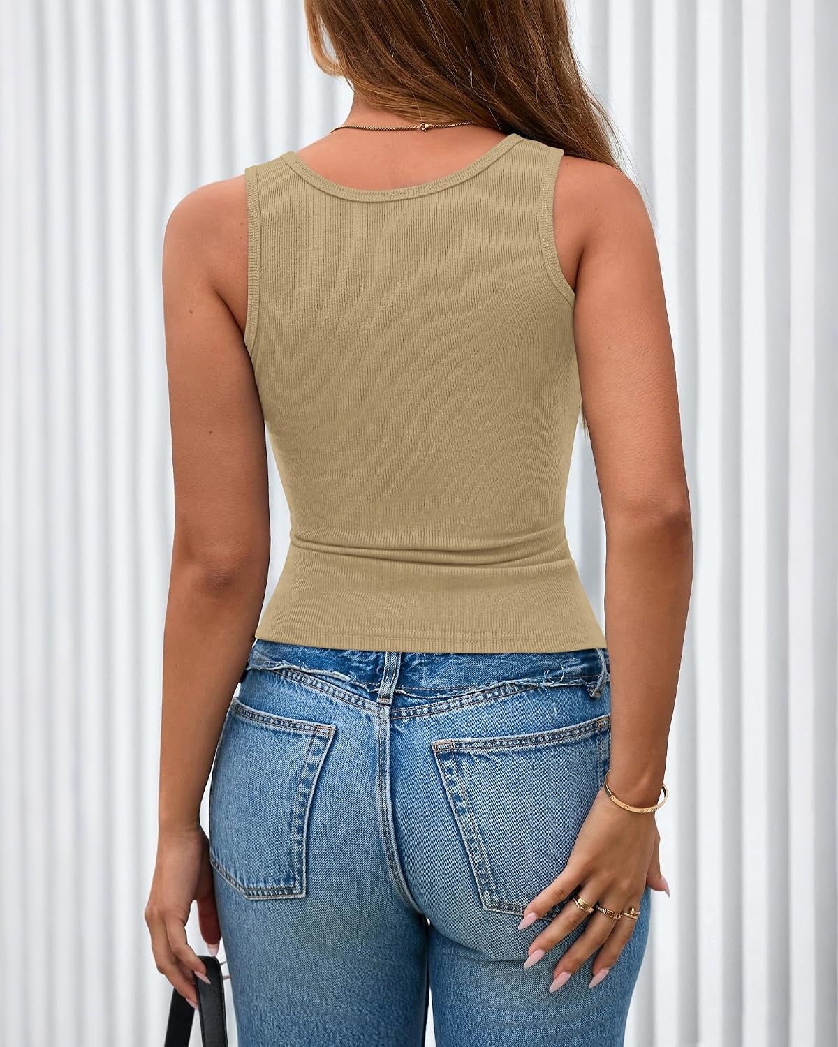 image:imageBTFBM Summer Tops for Women 2026 Scoop Neck Ribbed Henley Button Sleeveless Casual Spring Basic Tank Top Clothes OutfitsLight Khaki