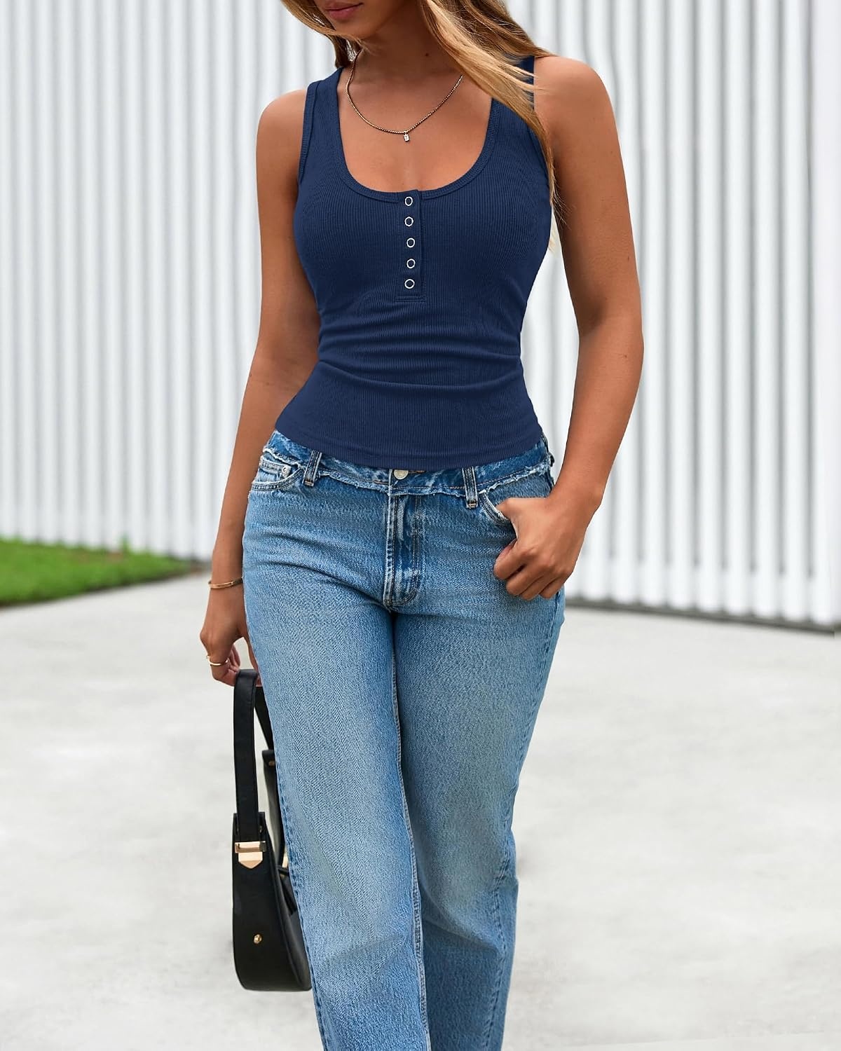 image:imageBTFBM Summer Tops for Women 2026 Scoop Neck Ribbed Henley Button Sleeveless Casual Spring Basic Tank Top Clothes OutfitsNavy