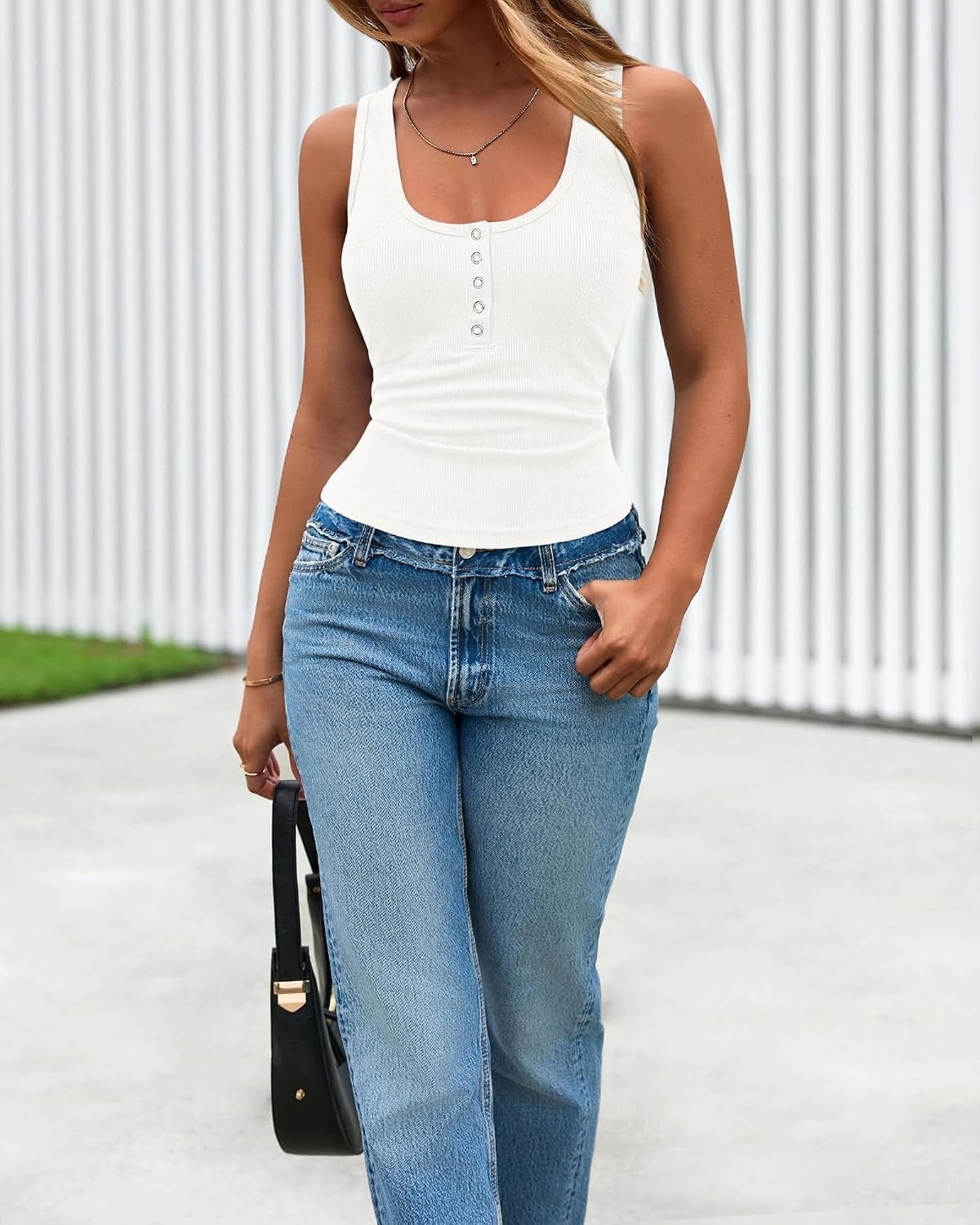 image:imageBTFBM Summer Tops for Women 2026 Scoop Neck Ribbed Henley Button Sleeveless Casual Spring Basic Tank Top Clothes OutfitsWhite