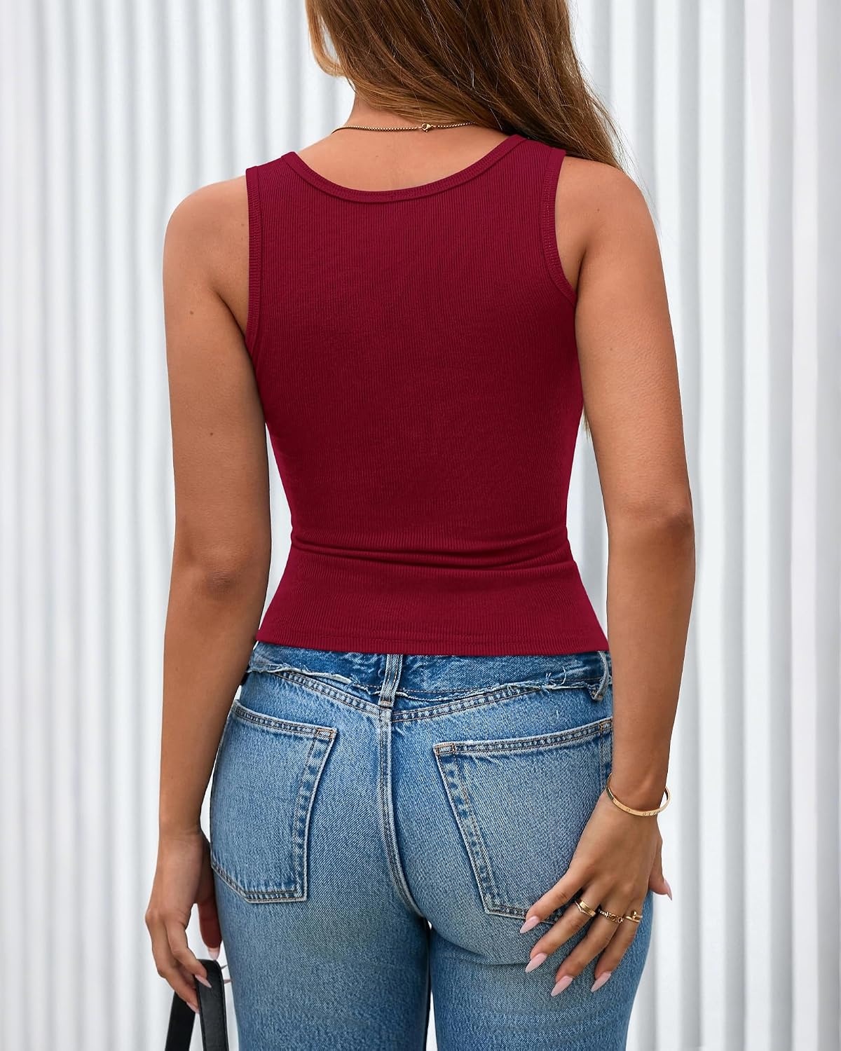 image:imageBTFBM Summer Tops for Women 2026 Scoop Neck Ribbed Henley Button Sleeveless Casual Spring Basic Tank Top Clothes OutfitsWine Red