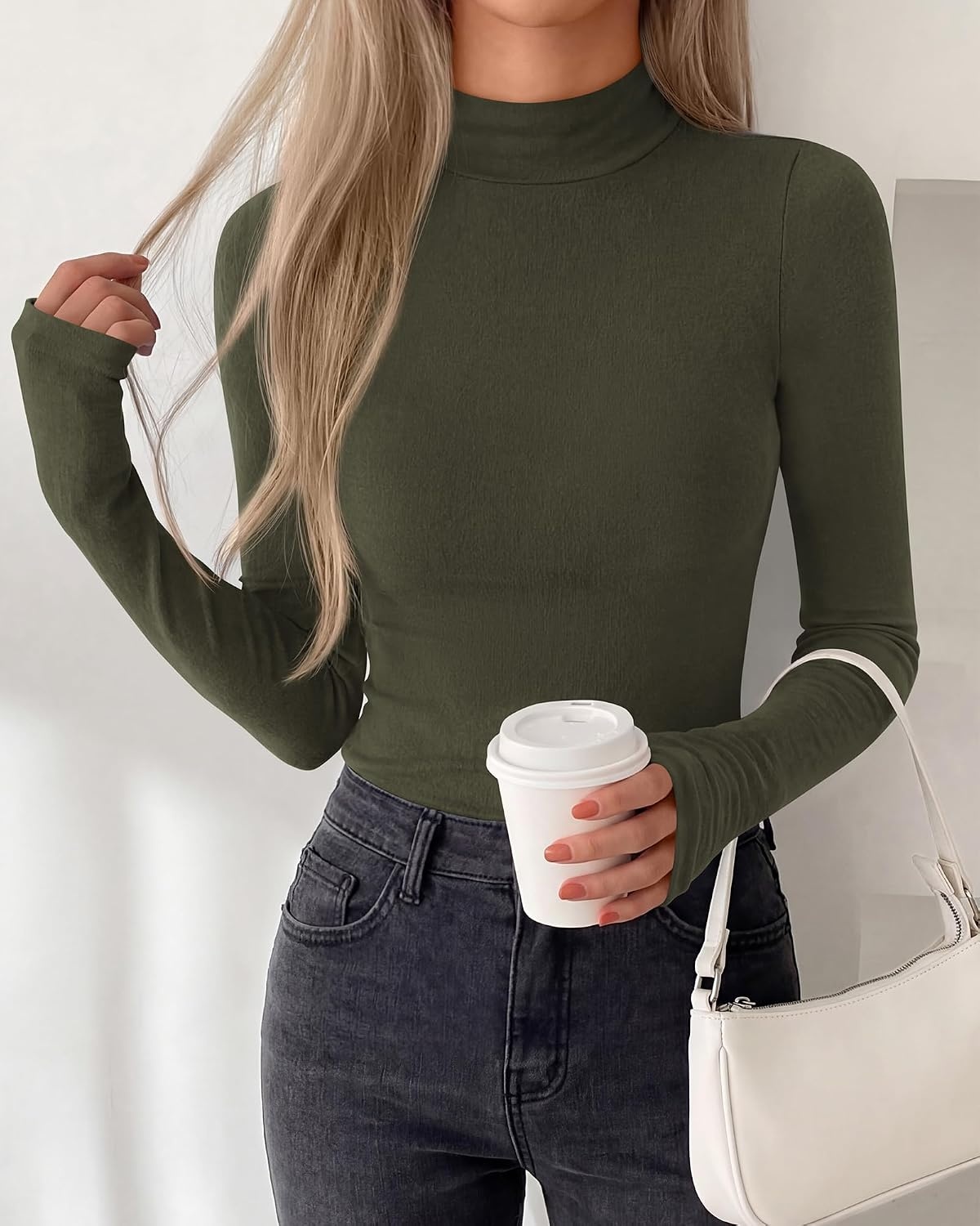 image:imageBTFBM Turtleneck Tops for Women Thumbhole Long Sleeve Shirts Lightweight Fleece Lining Casual Basic Layering Top Slim Fit Stretch Winter Thermal Underwear 2026 Fall Fashion ClothingArmy Green