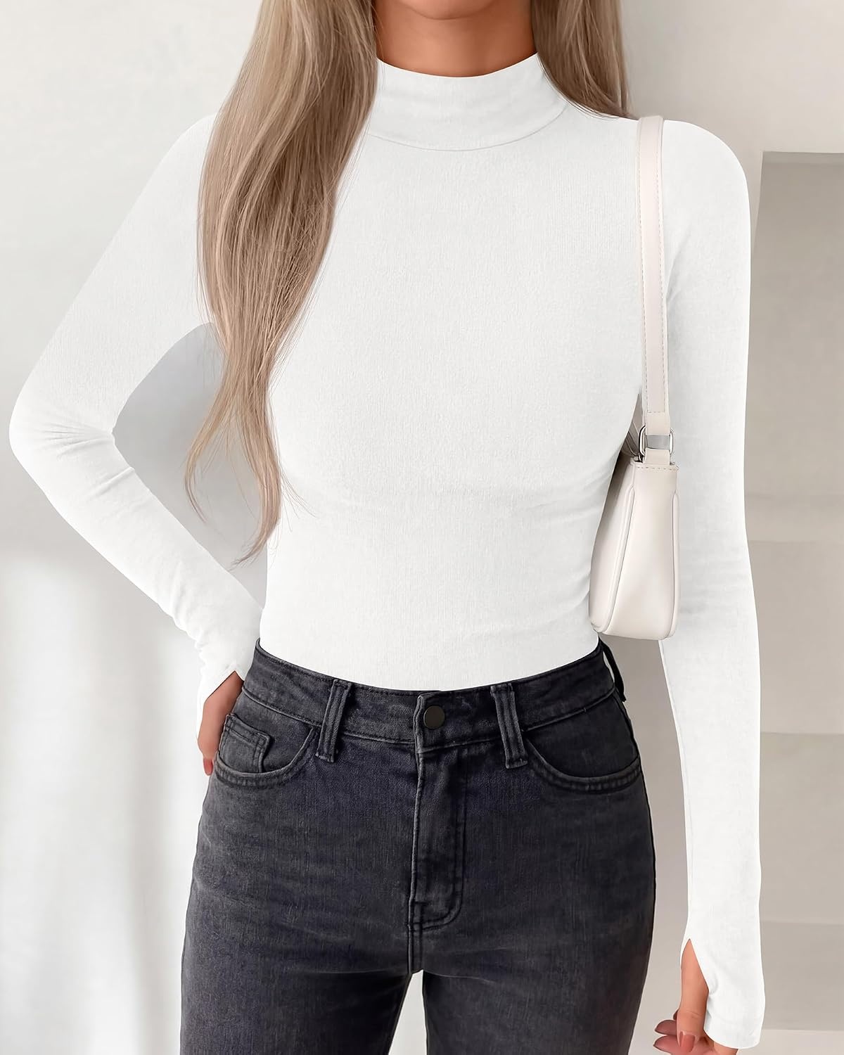 image:imageBTFBM Turtleneck Tops for Women Thumbhole Long Sleeve Shirts Lightweight Fleece Lining Casual Basic Layering Top Slim Fit Stretch Winter Thermal Underwear 2026 Fall Fashion ClothingWhite