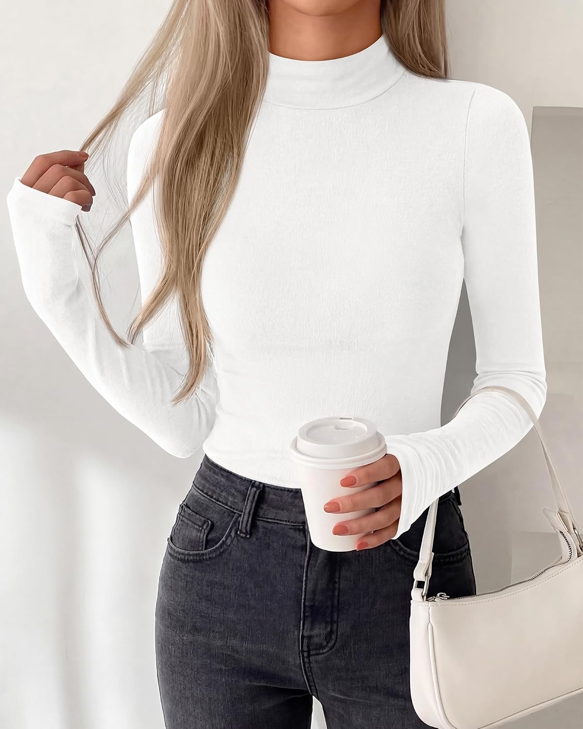 image:imageBTFBM Turtleneck Tops for Women Thumbhole Long Sleeve Shirts Lightweight Fleece Lining Casual Basic Layering Top Slim Fit Stretch Winter Thermal Underwear 2026 Fall Fashion ClothingWhite