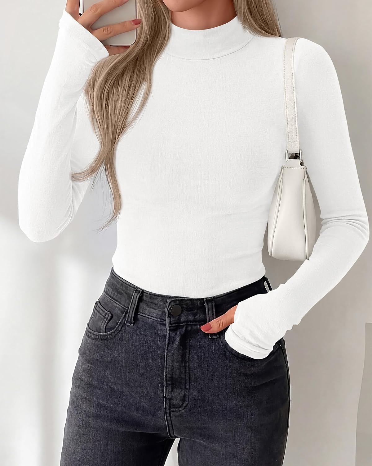 image:imageBTFBM Turtleneck Tops for Women Thumbhole Long Sleeve Shirts Lightweight Fleece Lining Casual Basic Layering Top Slim Fit Stretch Winter Thermal Underwear 2026 Fall Fashion ClothingWhite
