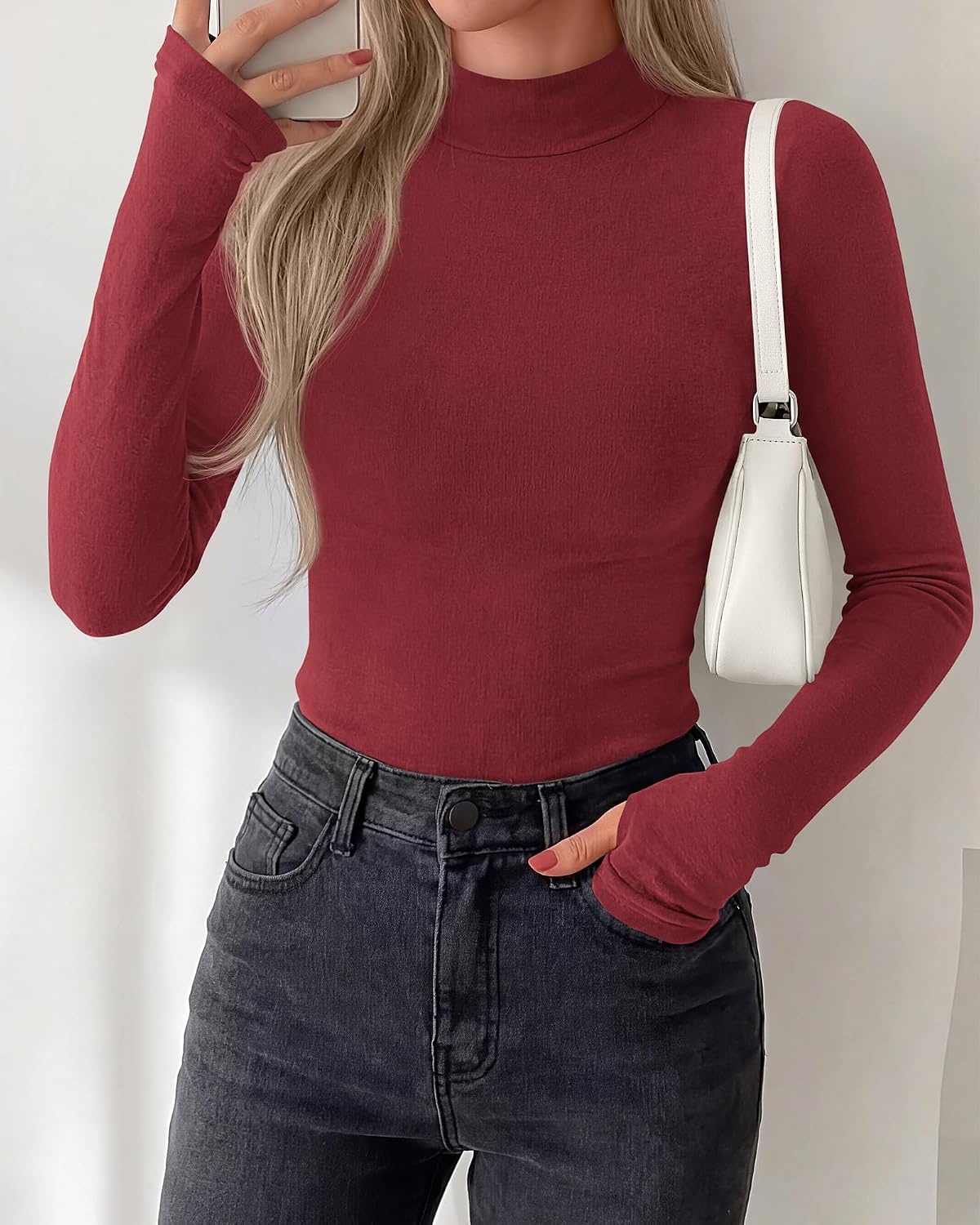image:imageBTFBM Turtleneck Tops for Women Thumbhole Long Sleeve Shirts Lightweight Fleece Lining Casual Basic Layering Top Slim Fit Stretch Winter Thermal Underwear 2026 Fall Fashion ClothingRed