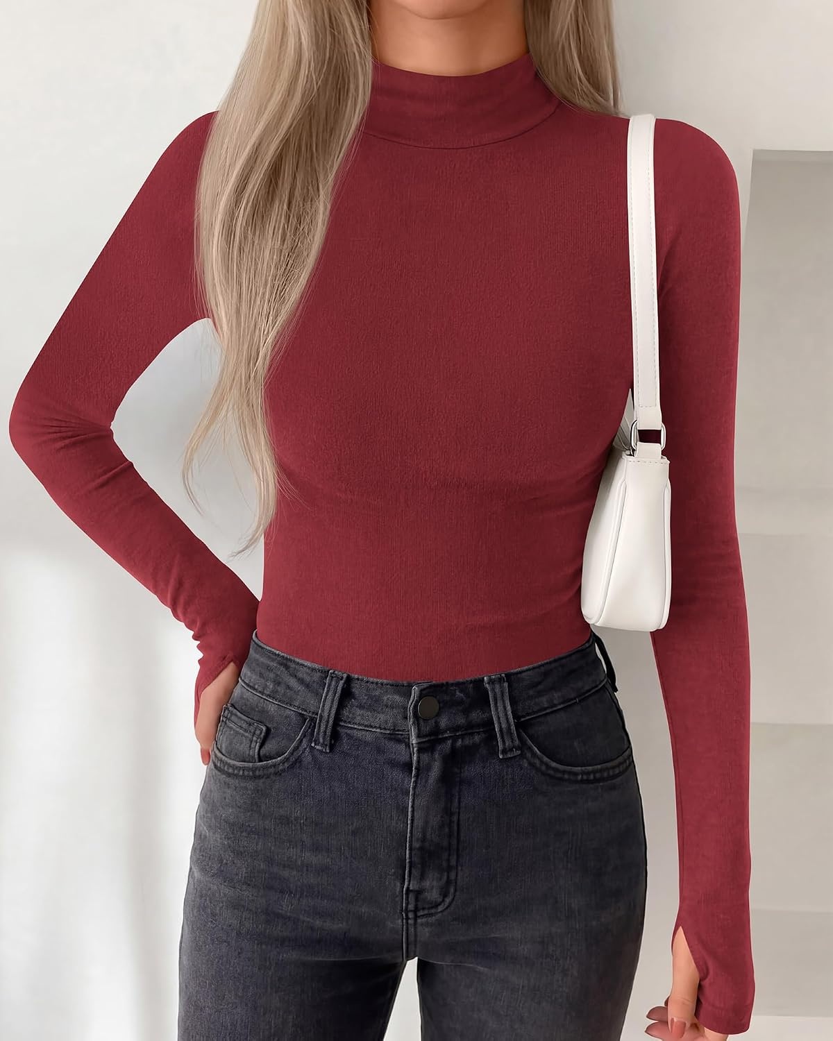 image:imageBTFBM Turtleneck Tops for Women Thumbhole Long Sleeve Shirts Lightweight Fleece Lining Casual Basic Layering Top Slim Fit Stretch Winter Thermal Underwear 2026 Fall Fashion ClothingRed