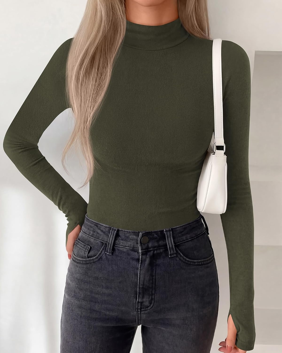 image:imageBTFBM Turtleneck Tops for Women Thumbhole Long Sleeve Shirts Lightweight Fleece Lining Casual Basic Layering Top Slim Fit Stretch Winter Thermal Underwear 2026 Fall Fashion ClothingArmy Green