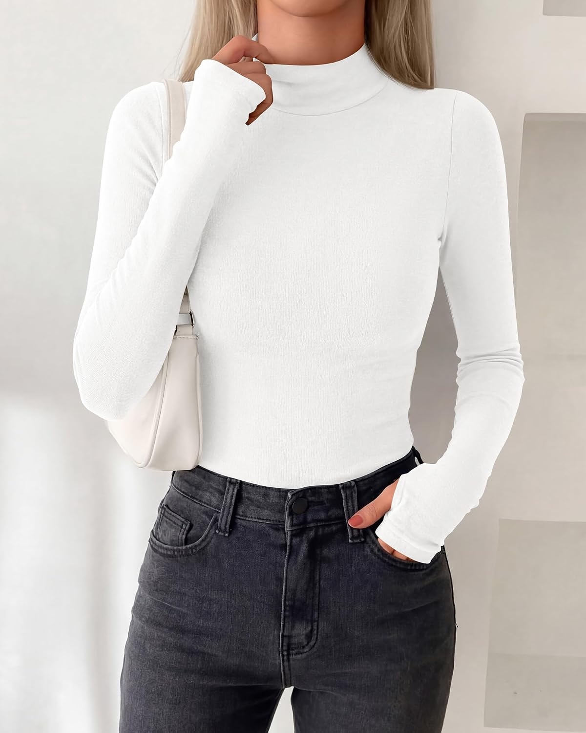 image:imageBTFBM Turtleneck Tops for Women Thumbhole Long Sleeve Shirts Lightweight Fleece Lining Casual Basic Layering Top Slim Fit Stretch Winter Thermal Underwear 2026 Fall Fashion ClothingWhite