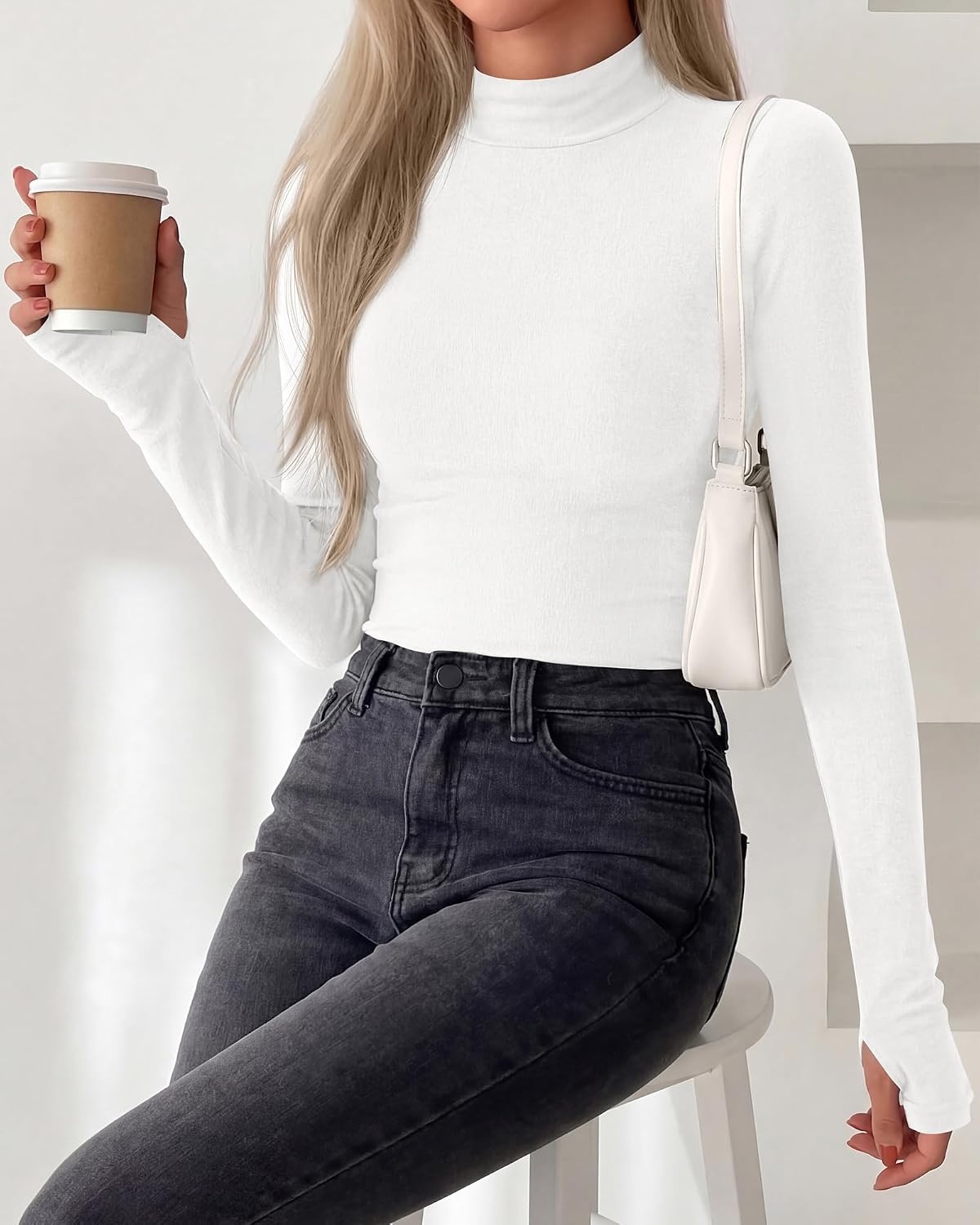 image:imageBTFBM Turtleneck Tops for Women Thumbhole Long Sleeve Shirts Lightweight Fleece Lining Casual Basic Layering Top Slim Fit Stretch Winter Thermal Underwear 2026 Fall Fashion ClothingWhite