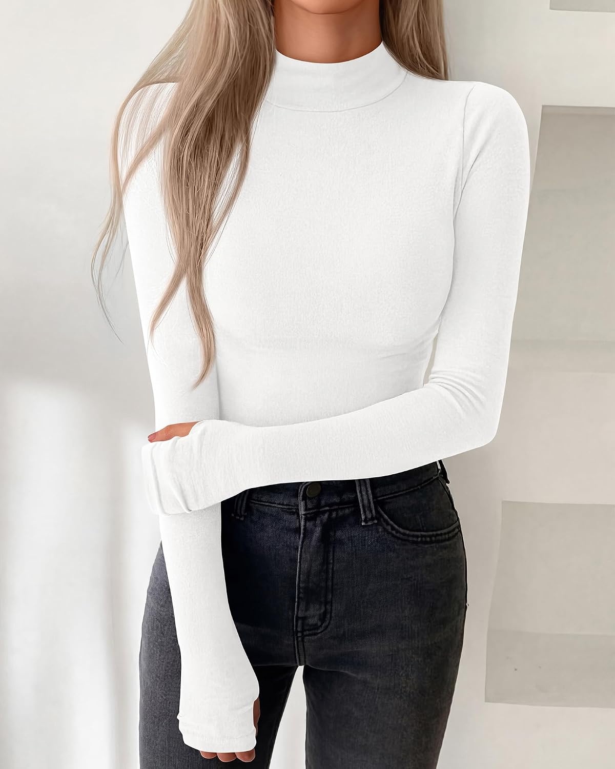 image:imageBTFBM Turtleneck Tops for Women Thumbhole Long Sleeve Shirts Lightweight Fleece Lining Casual Basic Layering Top Slim Fit Stretch Winter Thermal Underwear 2026 Fall Fashion ClothingWhite