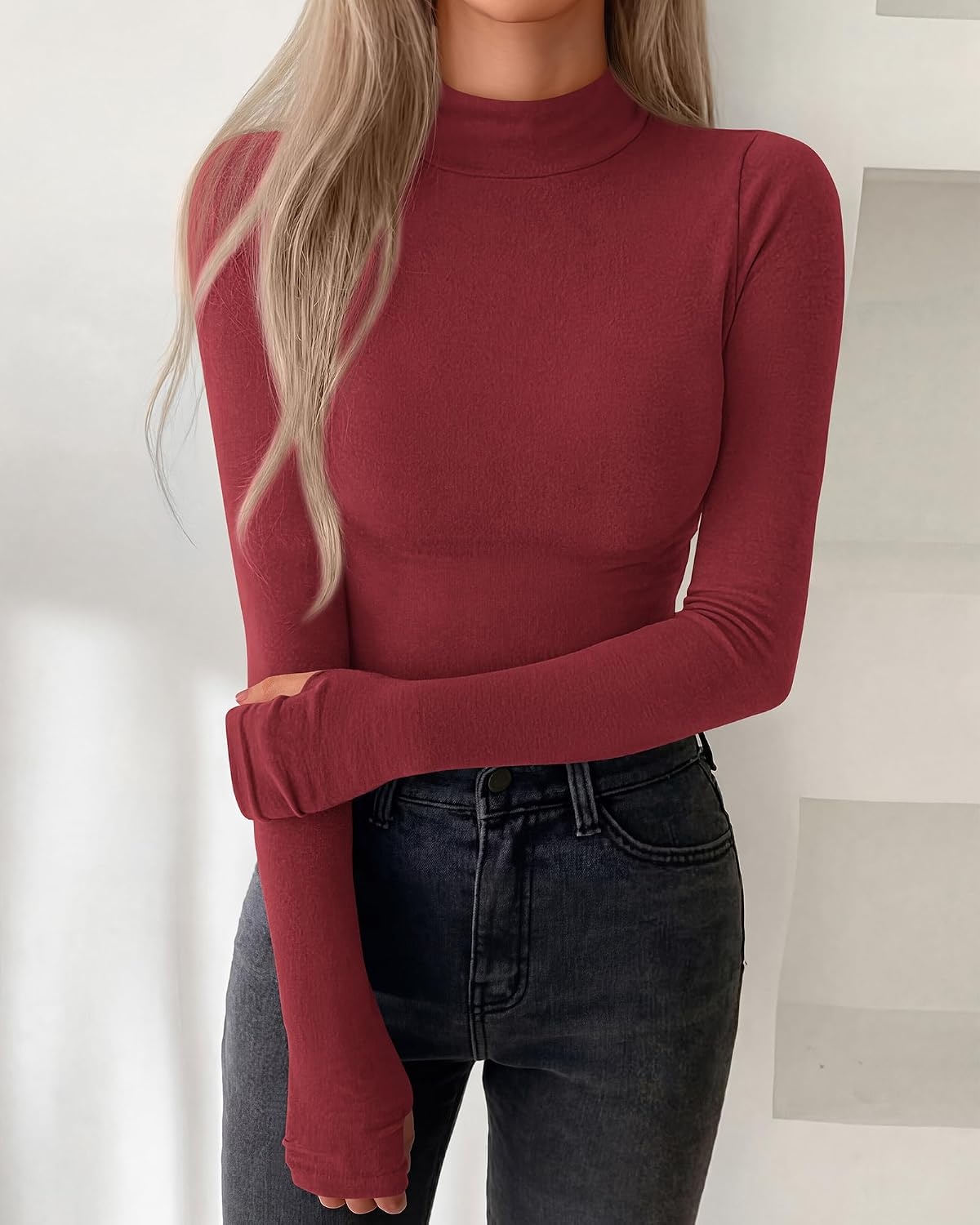 image:imageBTFBM Turtleneck Tops for Women Thumbhole Long Sleeve Shirts Lightweight Fleece Lining Casual Basic Layering Top Slim Fit Stretch Winter Thermal Underwear 2026 Fall Fashion ClothingRed