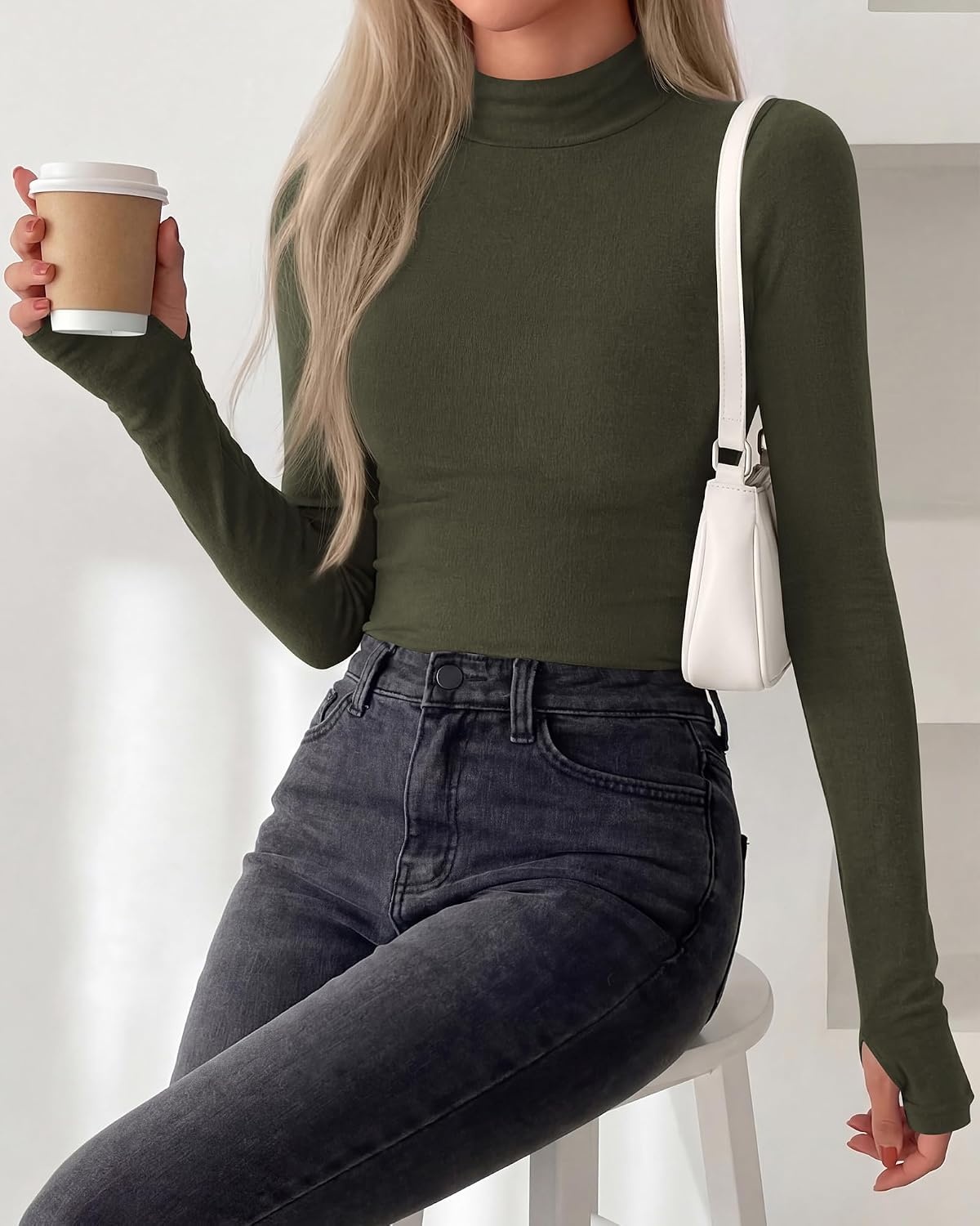 image:imageBTFBM Turtleneck Tops for Women Thumbhole Long Sleeve Shirts Lightweight Fleece Lining Casual Basic Layering Top Slim Fit Stretch Winter Thermal Underwear 2026 Fall Fashion ClothingArmy Green
