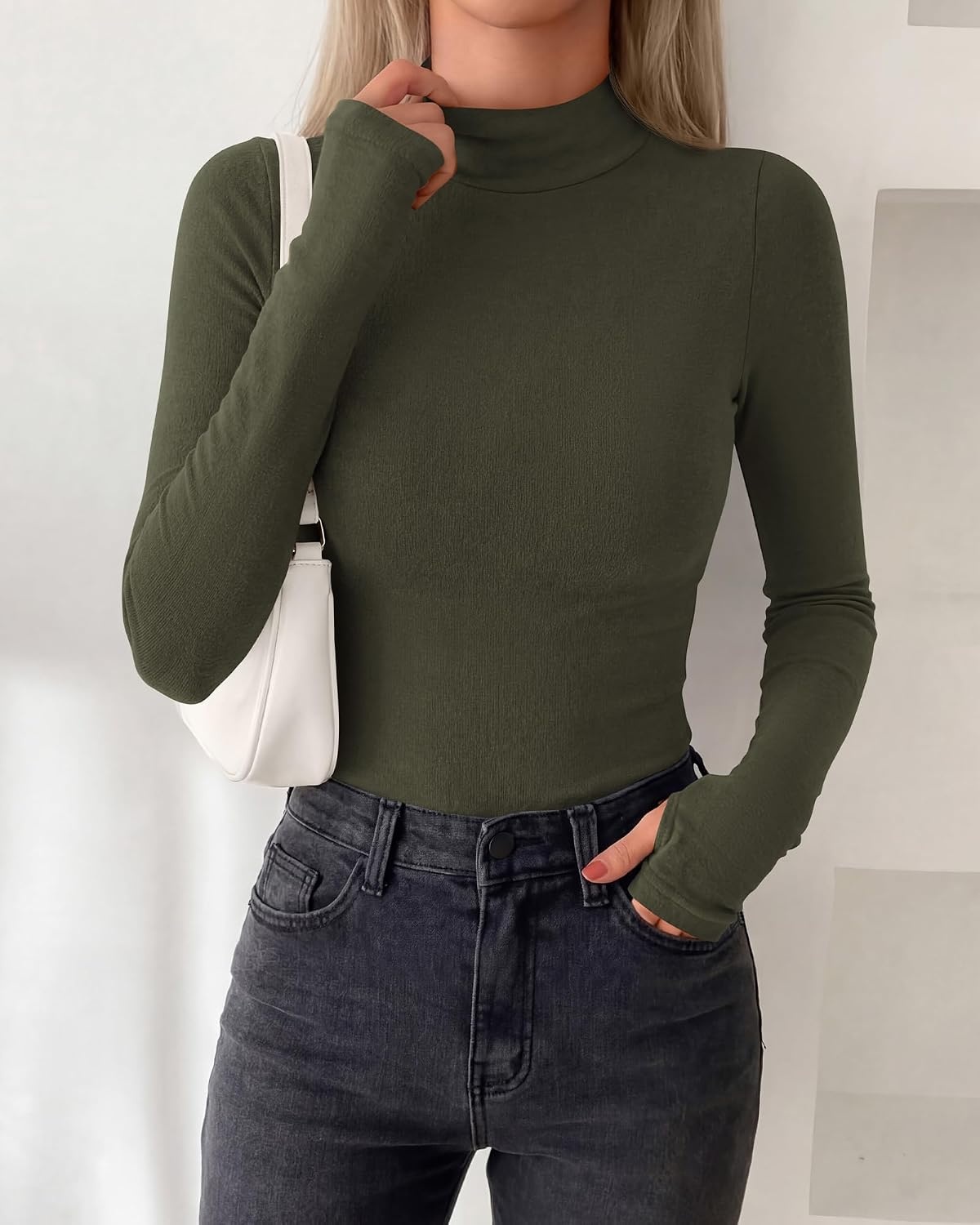 image:imageBTFBM Turtleneck Tops for Women Thumbhole Long Sleeve Shirts Lightweight Fleece Lining Casual Basic Layering Top Slim Fit Stretch Winter Thermal Underwear 2026 Fall Fashion ClothingArmy Green
