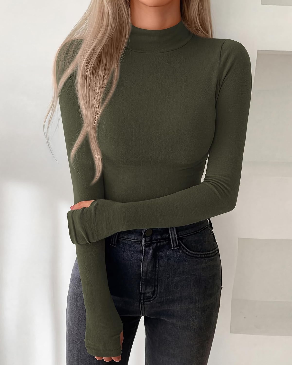 image:imageBTFBM Turtleneck Tops for Women Thumbhole Long Sleeve Shirts Lightweight Fleece Lining Casual Basic Layering Top Slim Fit Stretch Winter Thermal Underwear 2026 Fall Fashion ClothingArmy Green