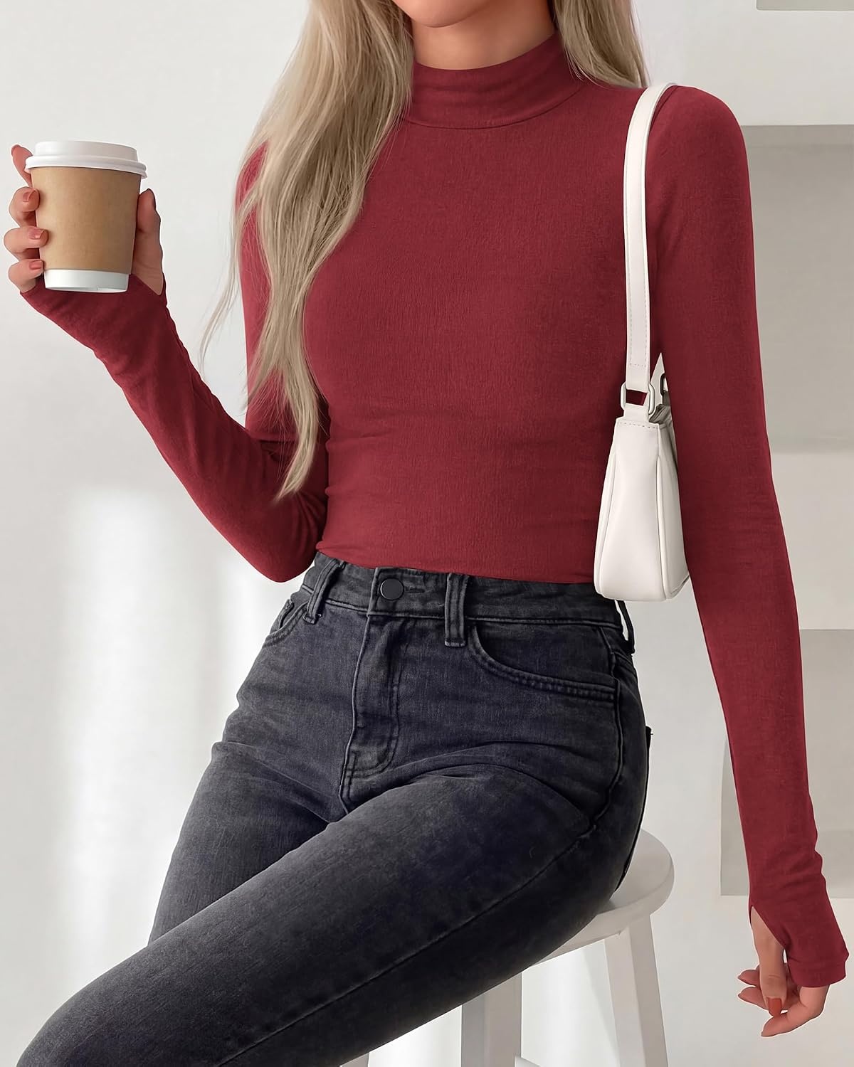 image:imageBTFBM Turtleneck Tops for Women Thumbhole Long Sleeve Shirts Lightweight Fleece Lining Casual Basic Layering Top Slim Fit Stretch Winter Thermal Underwear 2026 Fall Fashion ClothingRed