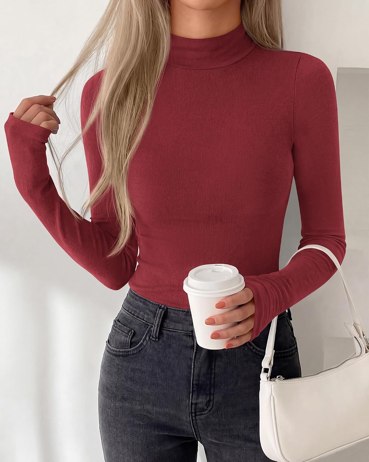 image:imageBTFBM Turtleneck Tops for Women Thumbhole Long Sleeve Shirts Lightweight Fleece Lining Casual Basic Layering Top Slim Fit Stretch Winter Thermal Underwear 2026 Fall Fashion ClothingRed