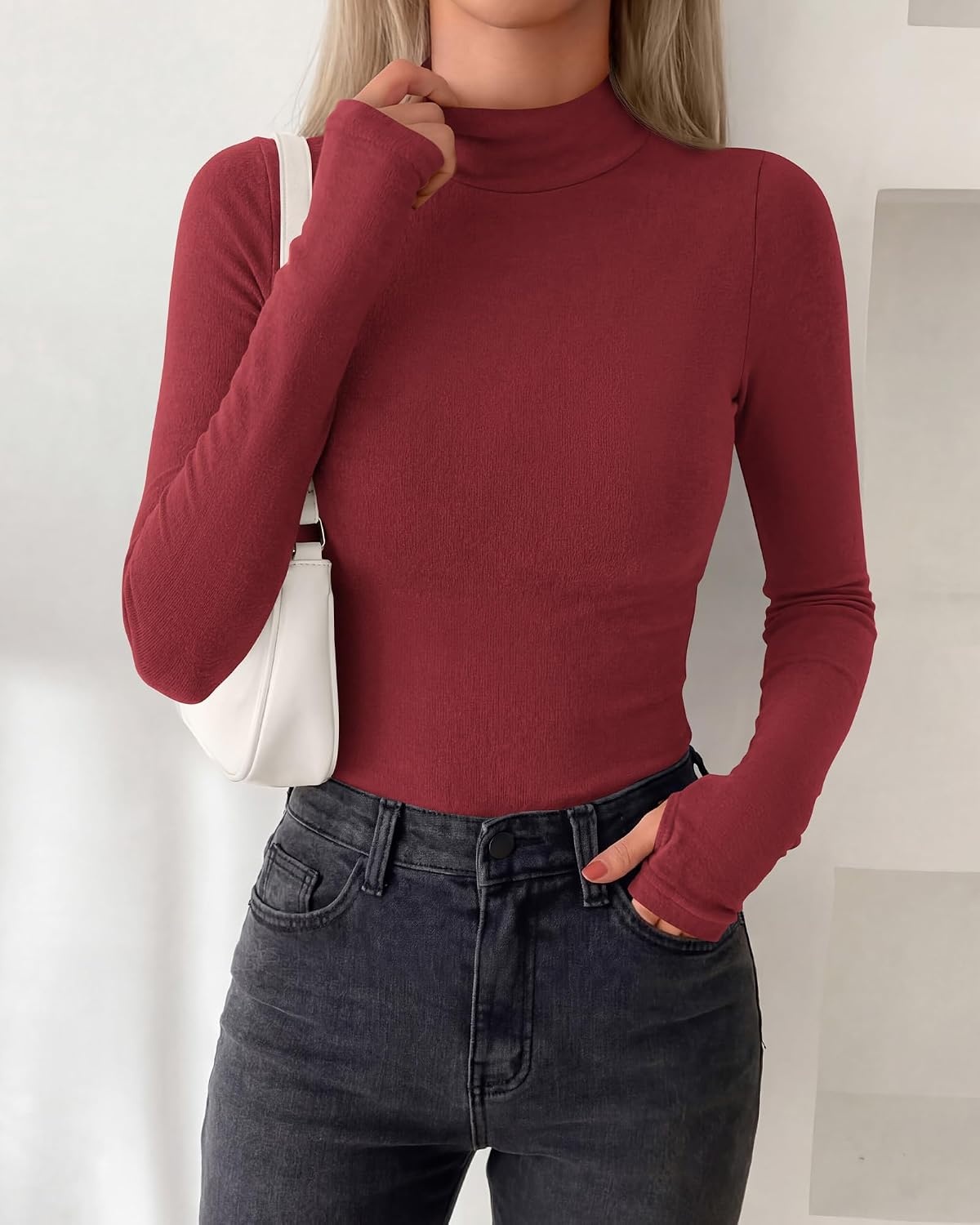 image:imageBTFBM Turtleneck Tops for Women Thumbhole Long Sleeve Shirts Lightweight Fleece Lining Casual Basic Layering Top Slim Fit Stretch Winter Thermal Underwear 2026 Fall Fashion ClothingRed