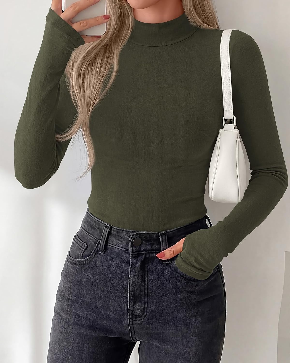 image:imageBTFBM Turtleneck Tops for Women Thumbhole Long Sleeve Shirts Lightweight Fleece Lining Casual Basic Layering Top Slim Fit Stretch Winter Thermal Underwear 2026 Fall Fashion ClothingArmy Green