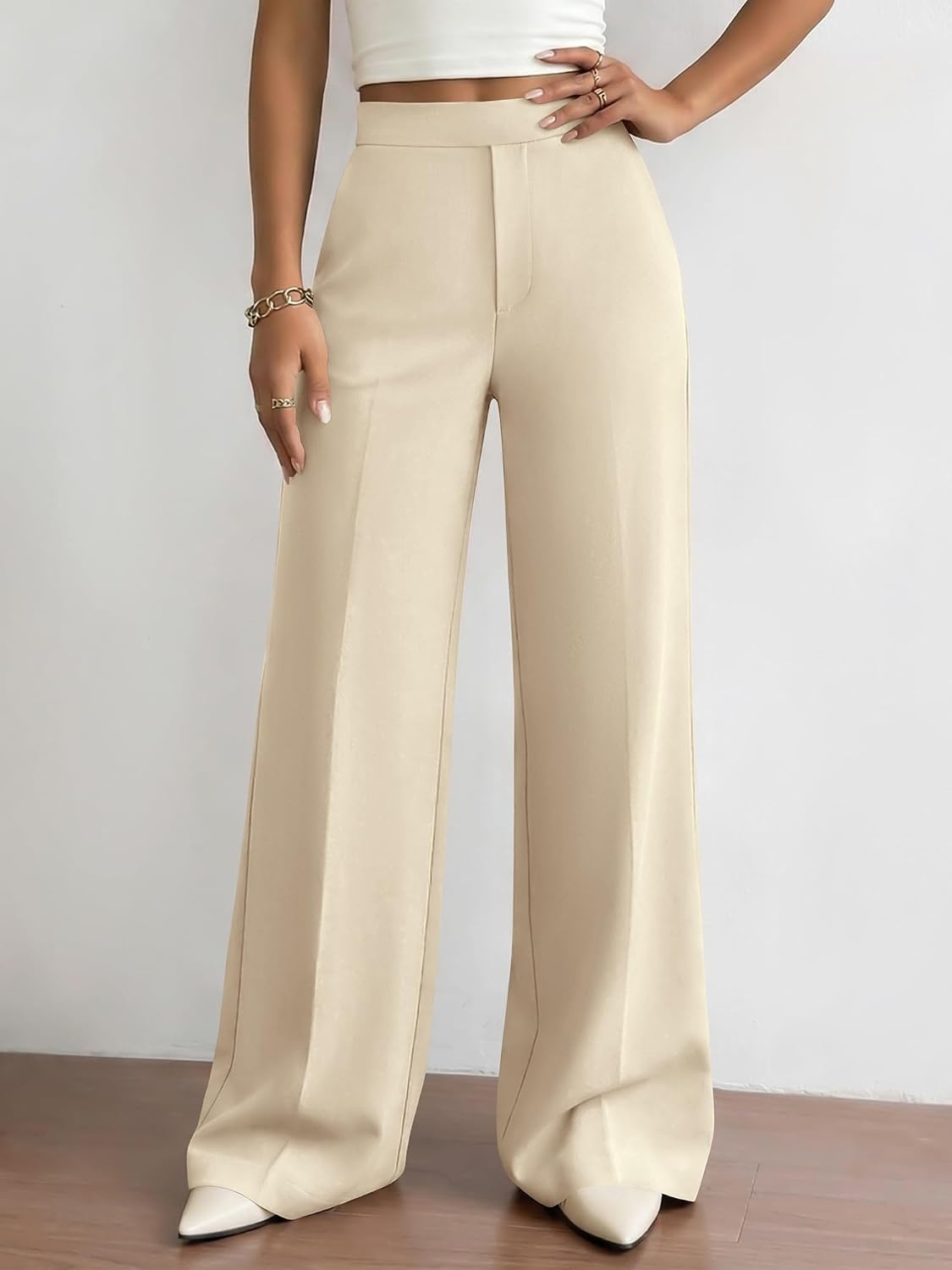 image:imageBTFBM Womens Dress Pants 2026 Fall Wide Leg High Waisted Palazzo Pants Business Casual Work Trousers Slacks PocketsBeige
