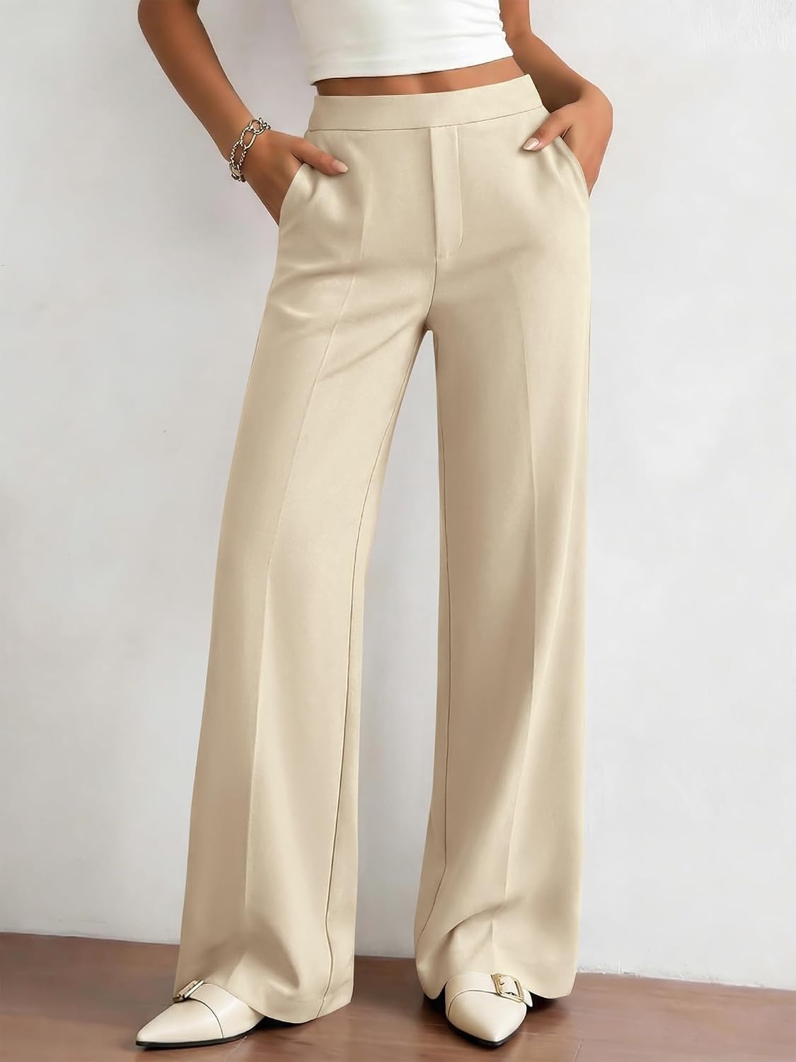 image:imageBTFBM Womens Dress Pants 2026 Fall Wide Leg High Waisted Palazzo Pants Business Casual Work Trousers Slacks PocketsBeige